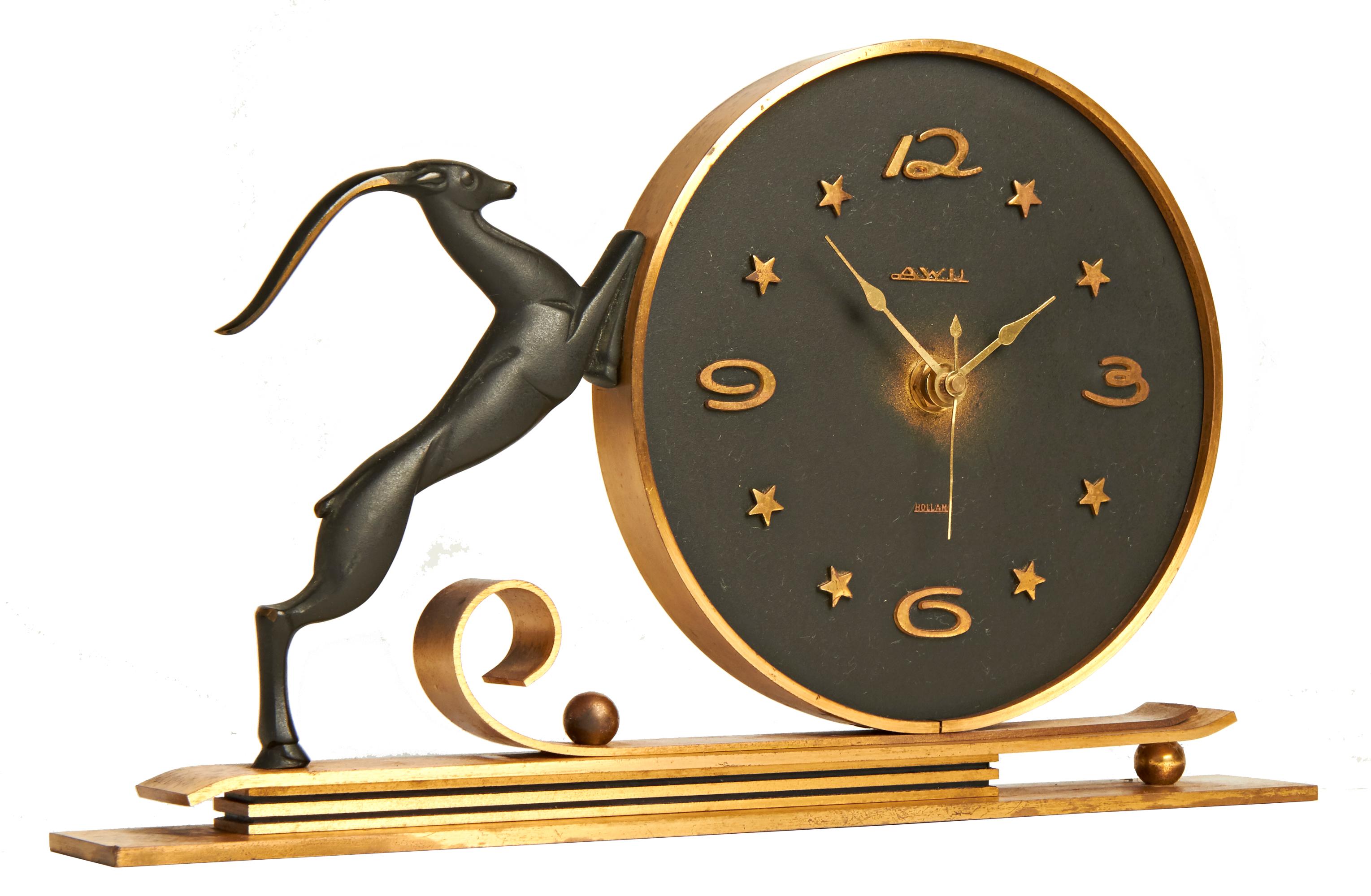 Blackened Dutch Art Deco Brass & Bronze Springbok Electric Mantel Clock by Bosma for AWU