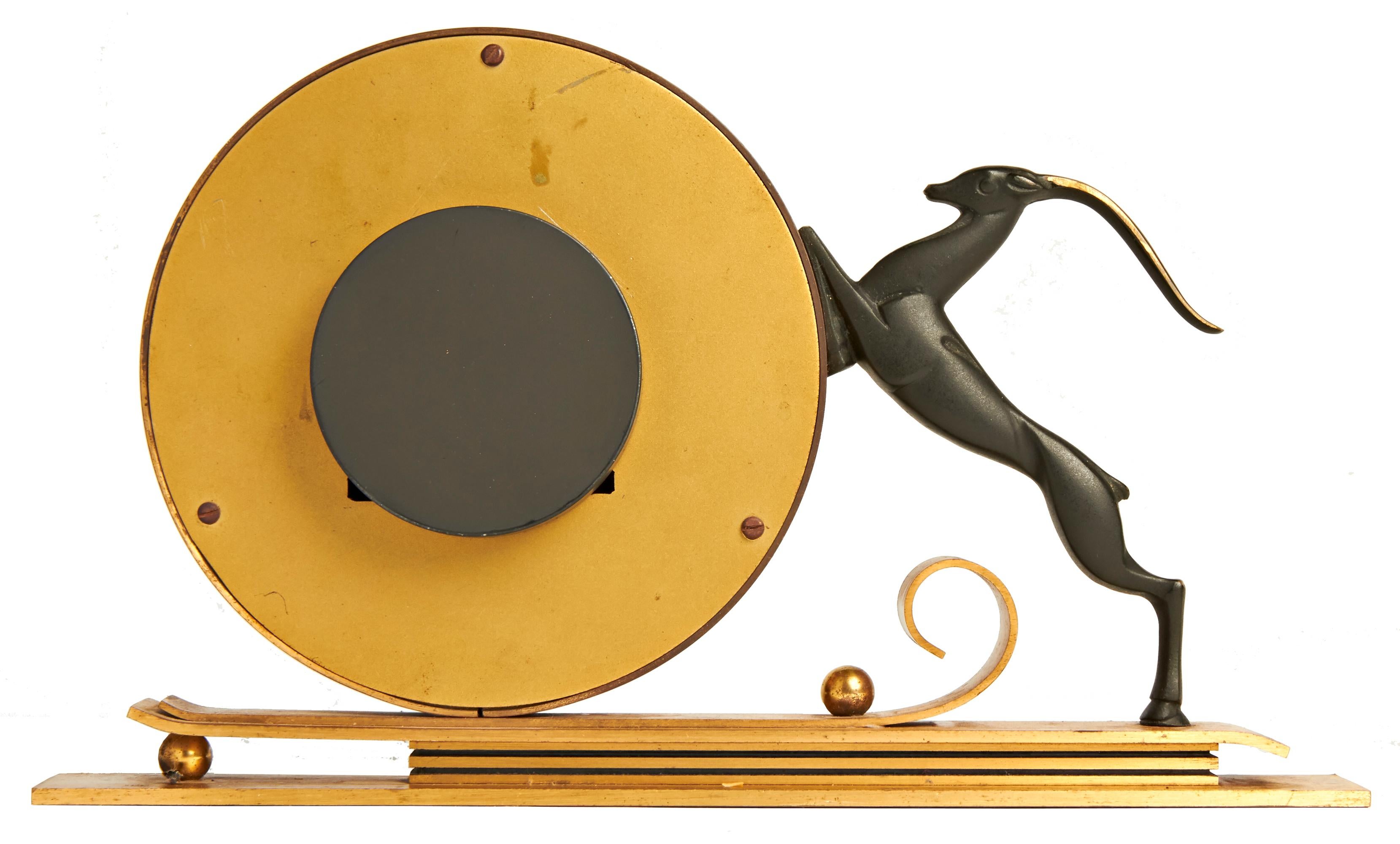 Mid-20th Century Dutch Art Deco Brass & Bronze Springbok Electric Mantel Clock by Bosma for AWU
