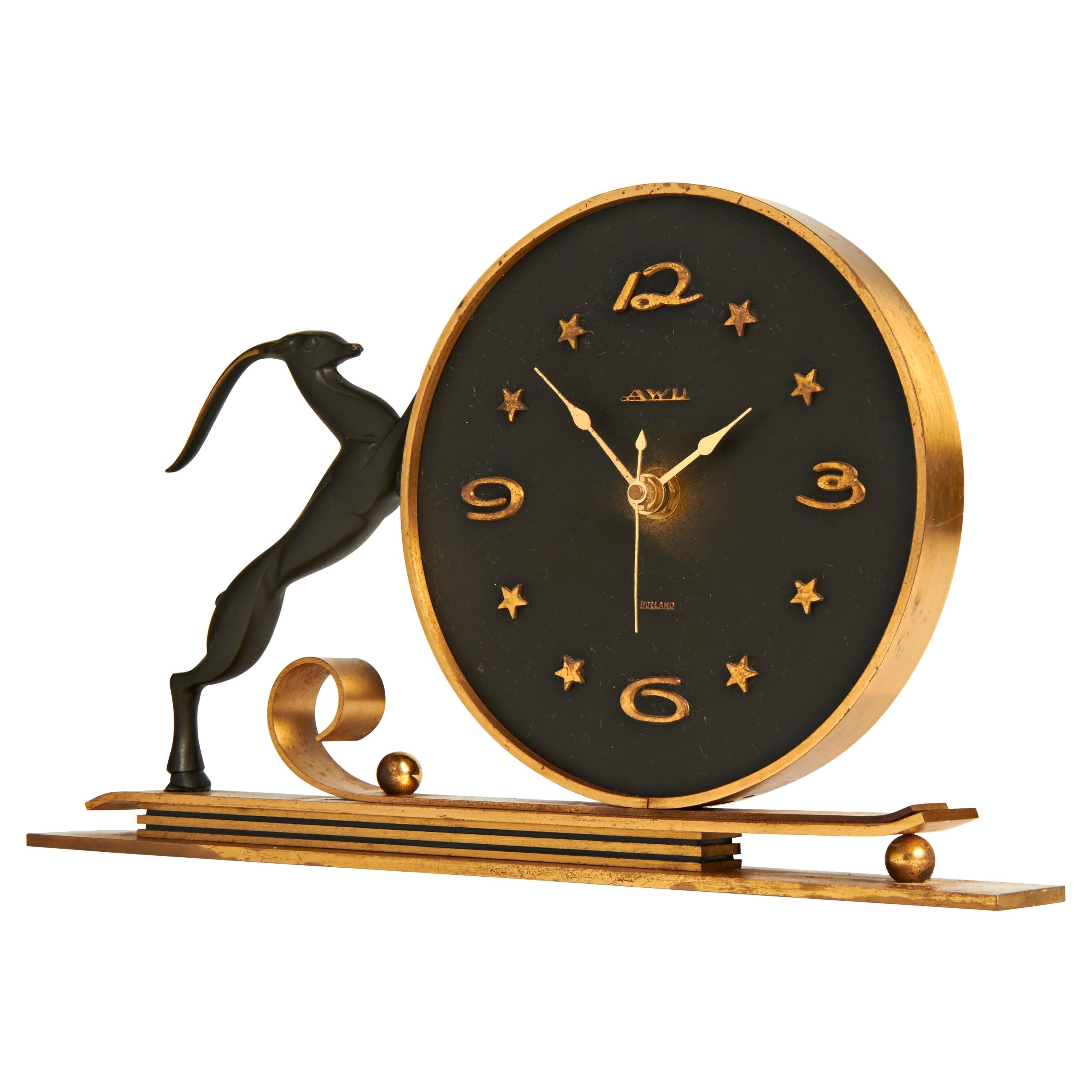 Dutch Art Deco Brass & Bronze Springbok Electric Mantel Clock by Bosma for AWU