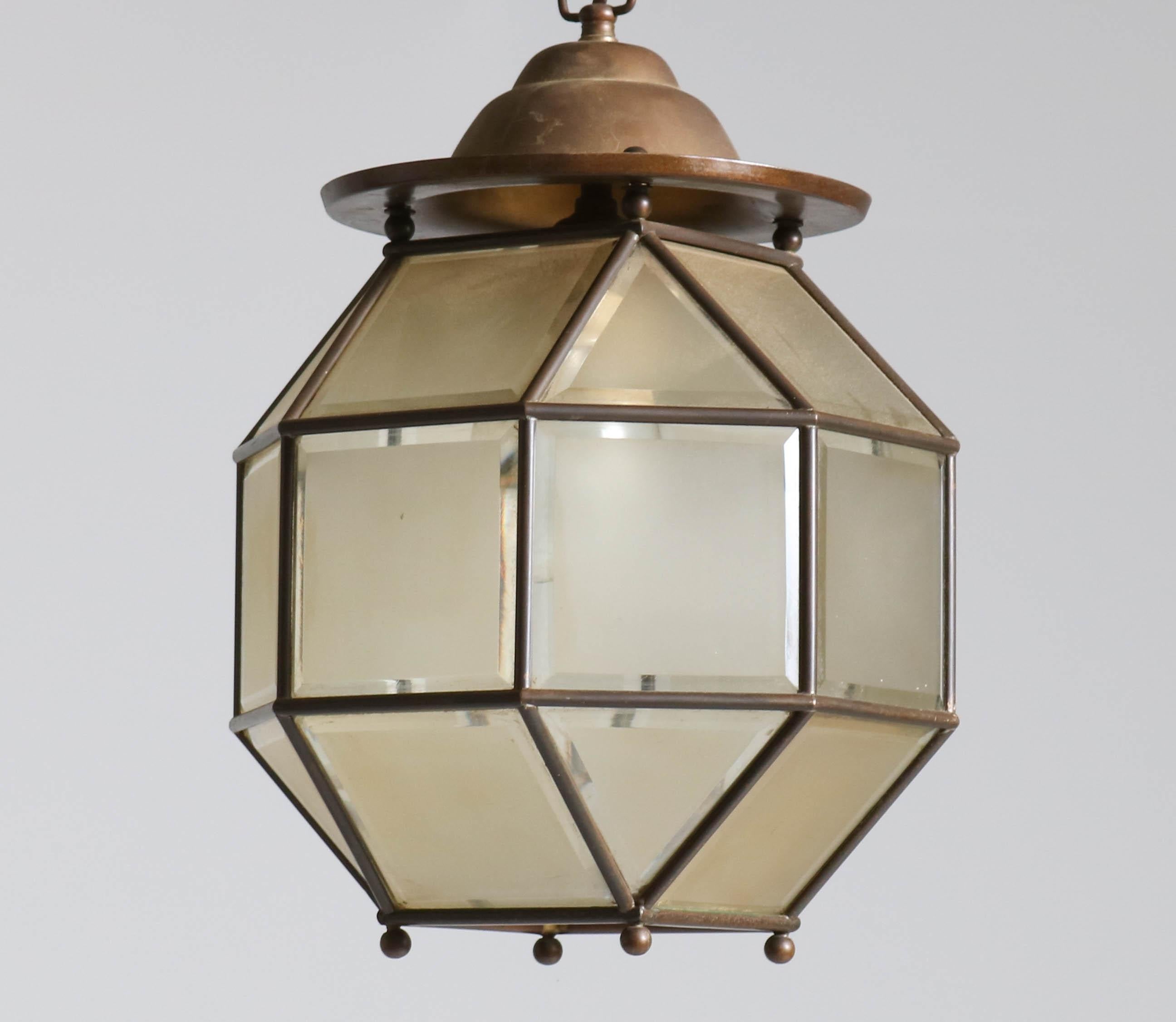 Dutch Art Deco Brass Lantern with Beveled Glass, 1930s 8