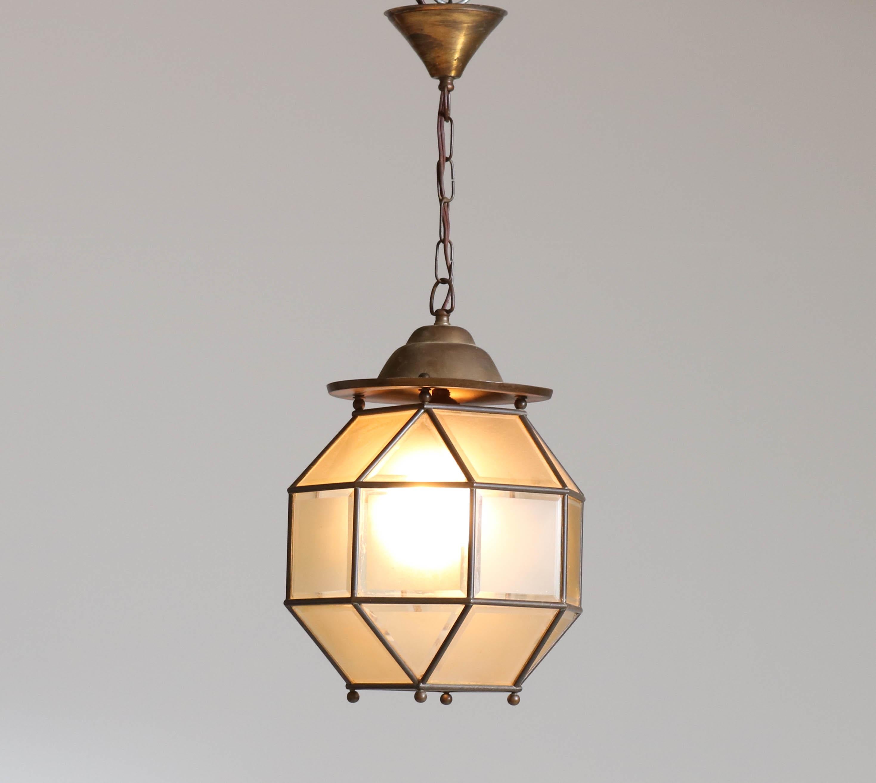 Wonderful Dutch Art Deco lantern.
Solid brass with original beveled glass.
All glass pieces are in good condition.
In good original condition with minor wear consistent with age and use,
preserving a beautiful patina.