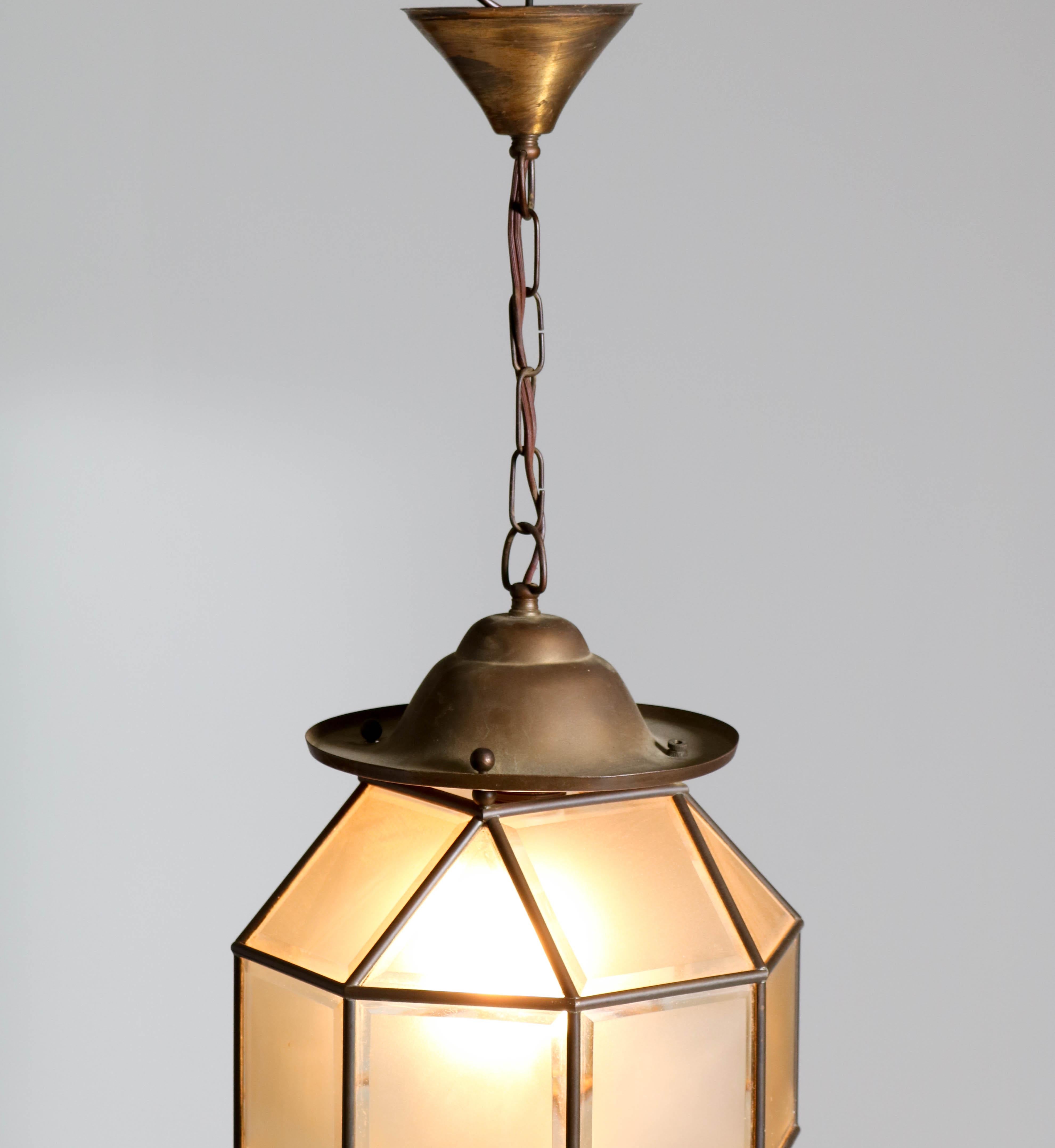 Dutch Art Deco Brass Lantern with Beveled Glass, 1930s 4