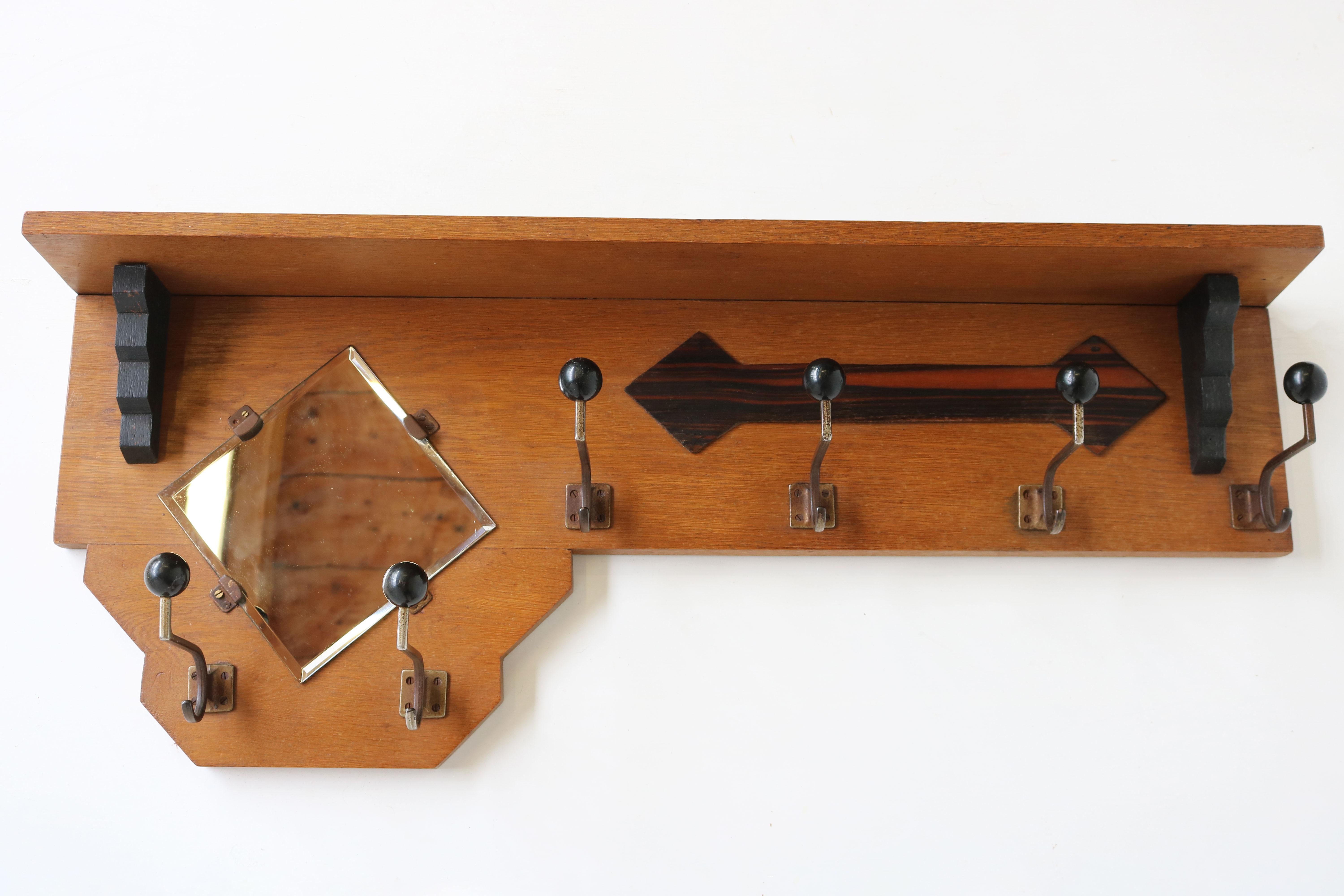 Mid-20th Century Dutch Art Deco Coat Rack / Hat Rack Amsterdam School 1920 Beveled Mirror Oak For Sale