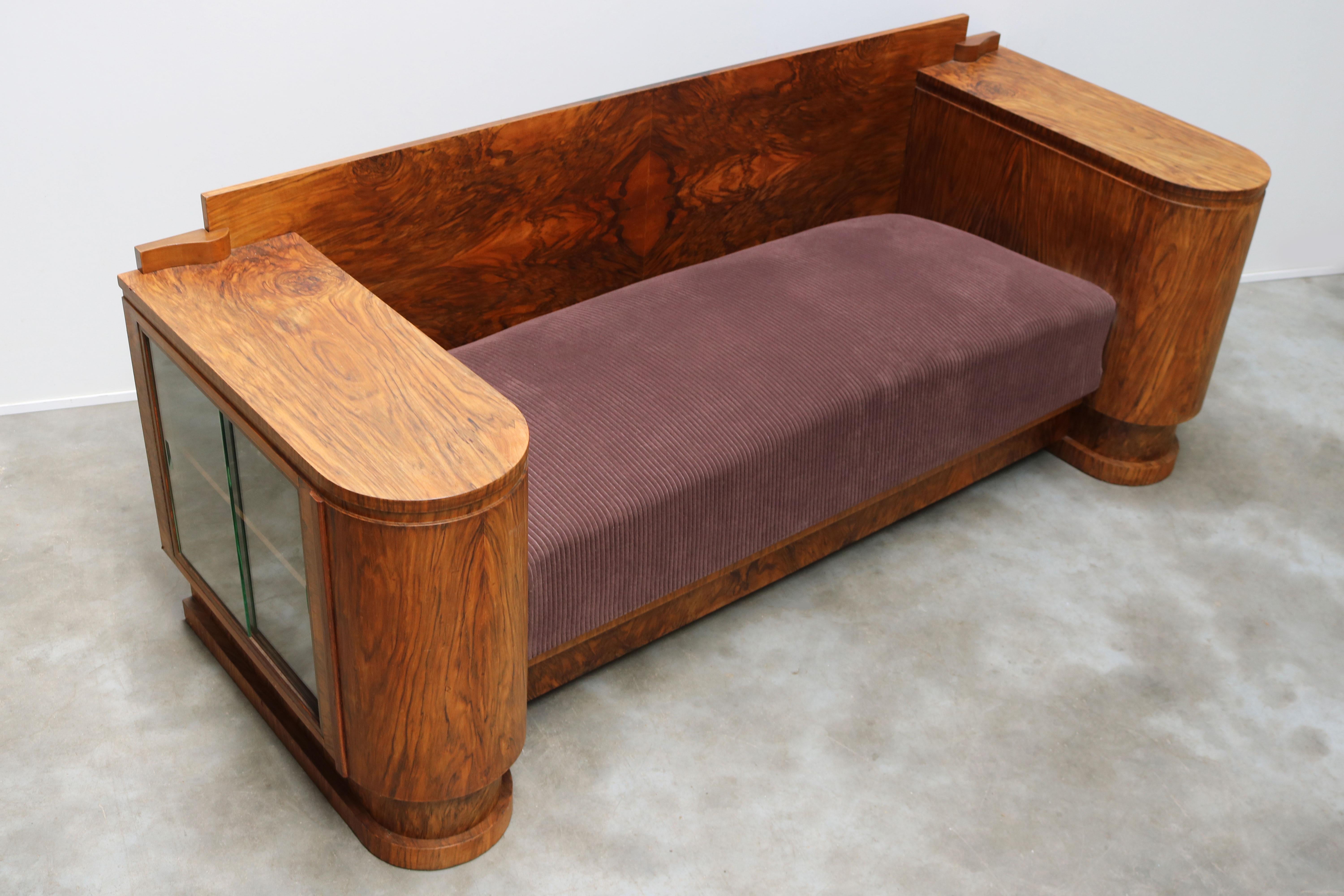 Dutch Art Deco Design Sofa by Pander 1930 Walnut Burl Wood with Display Cabinets For Sale 3
