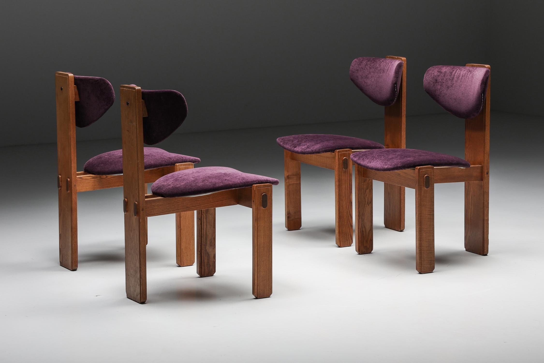 Wood Dutch Art Deco Dining Chairs Velvet Amsterdamse School, Early 20th Century