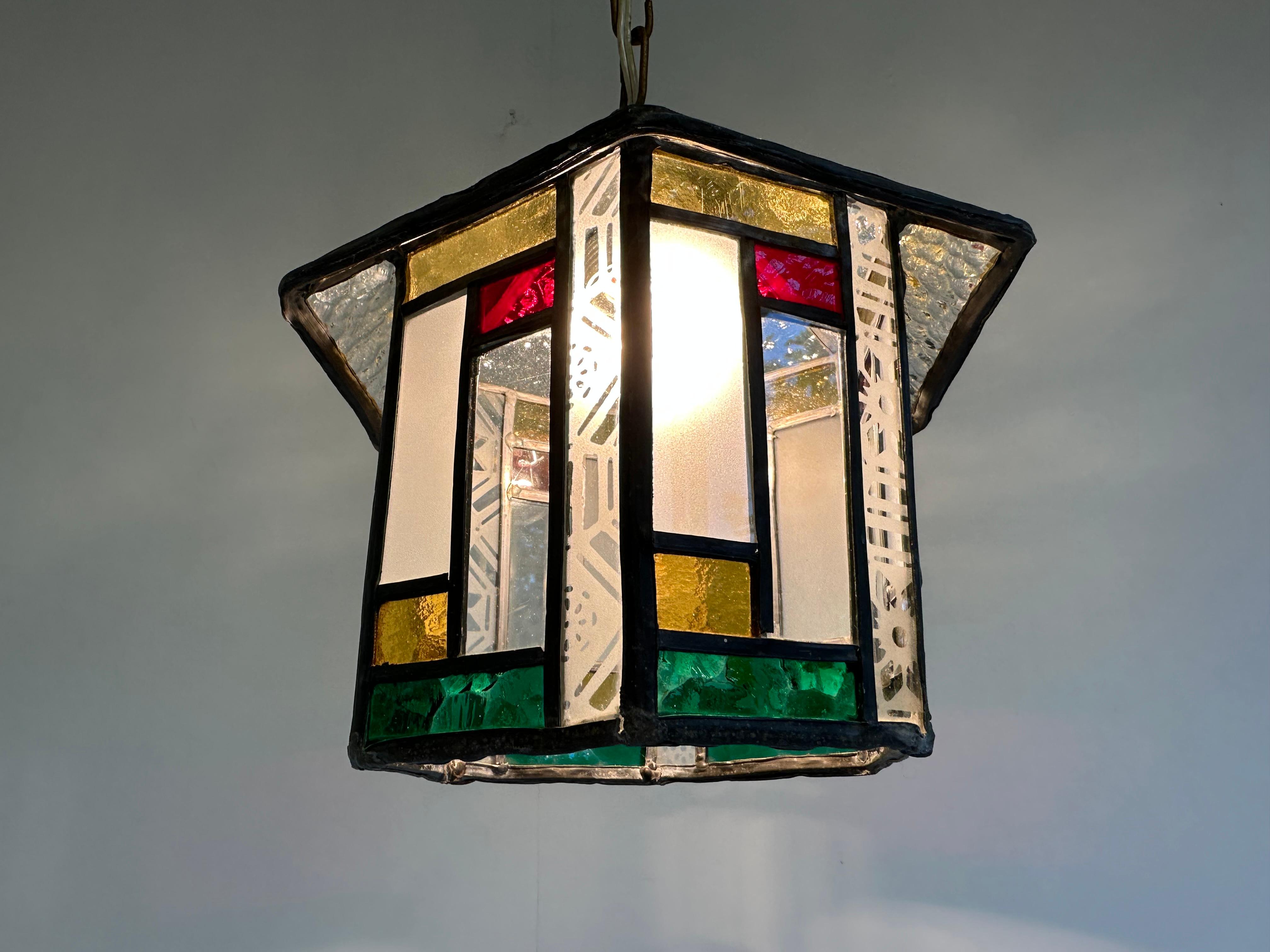 Dutch art deco hexagonal hallway lantern pendant light stained glass 1920  3