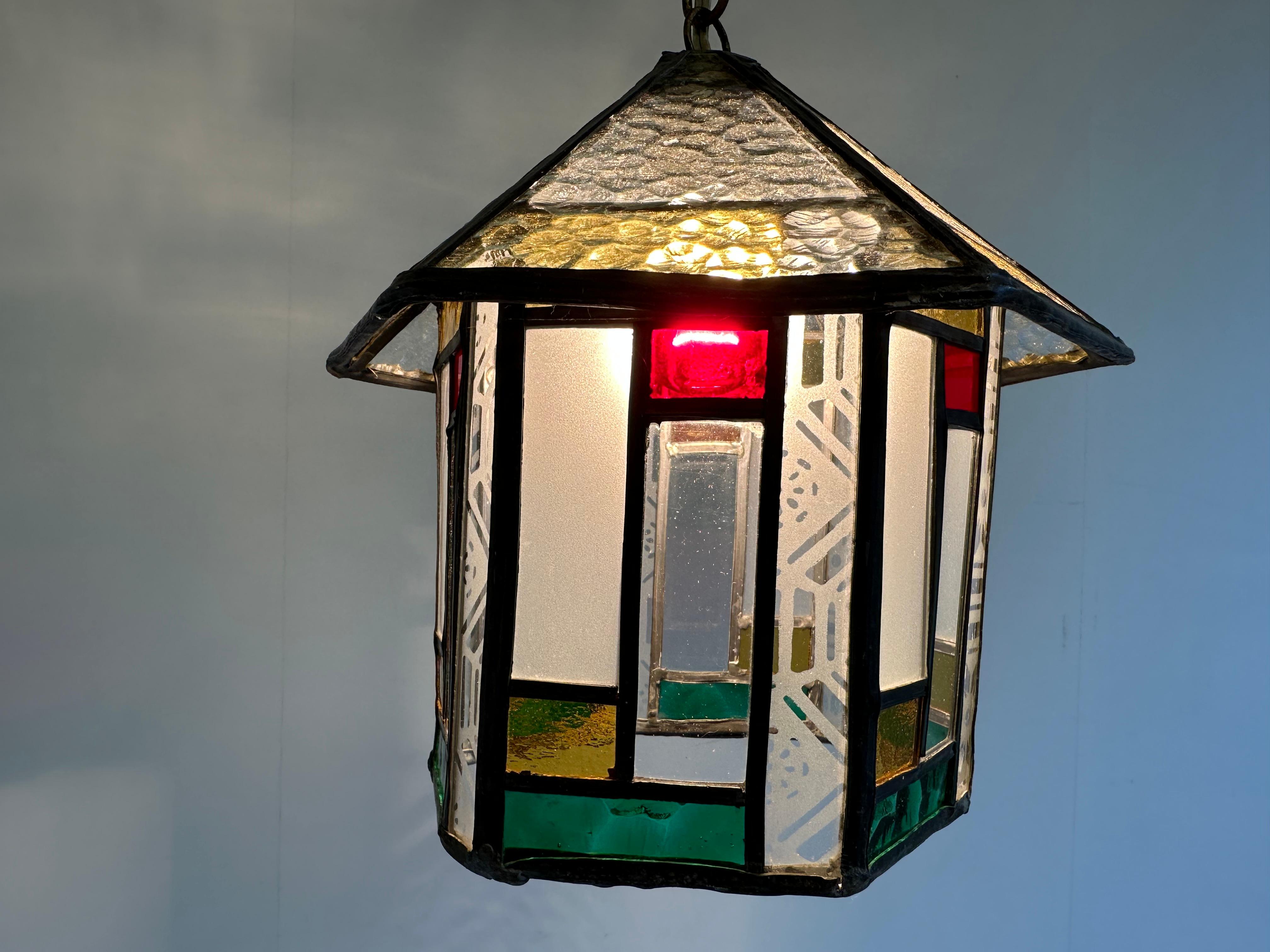 Dutch art deco hexagonal hallway lantern pendant light stained glass 1920  4