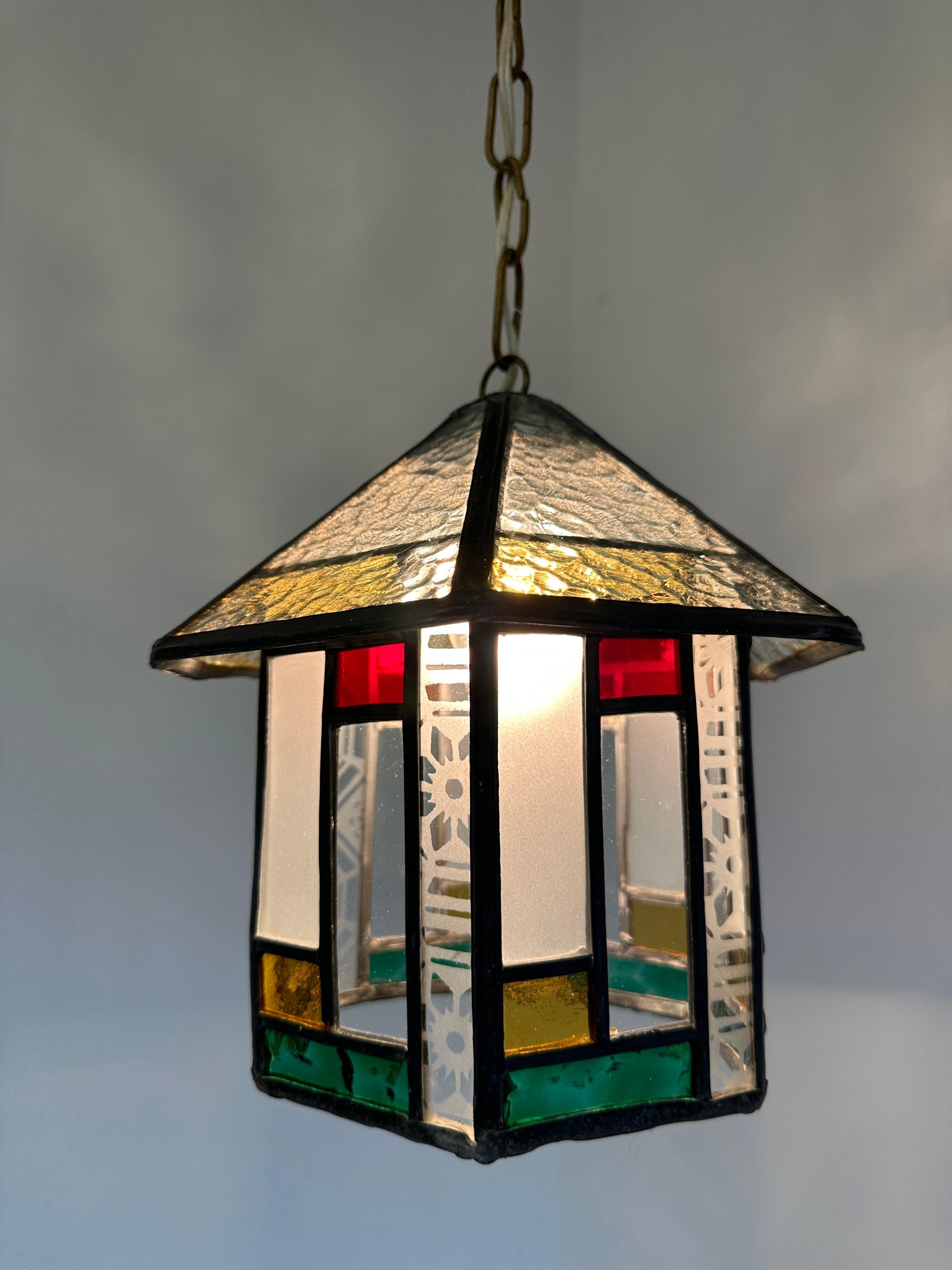 Dutch art deco hexagonal hallway lantern pendant light stained glass 1920  5