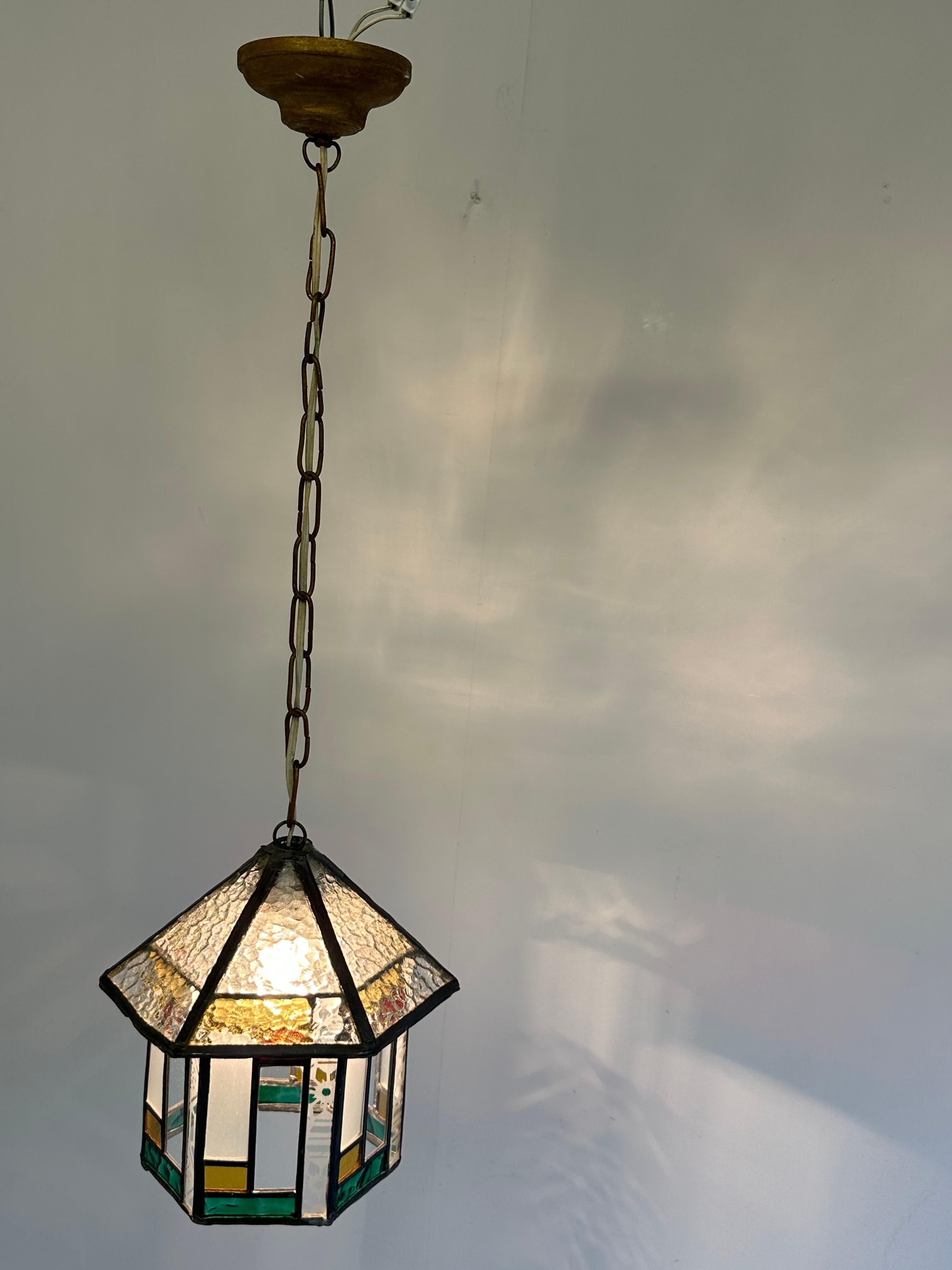 Dutch art deco hexagonal hallway lantern pendant light stained glass 1920  6