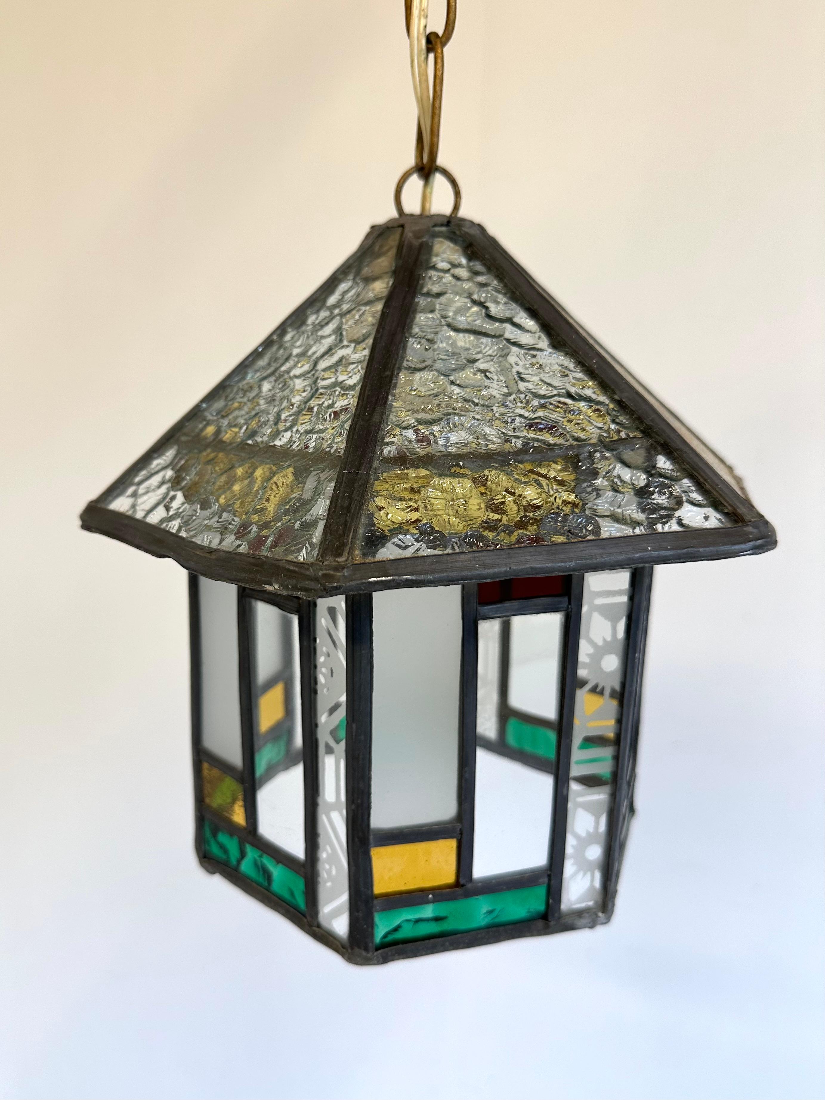 Amsterdam School Dutch art deco hexagonal hallway lantern pendant light stained glass 1920 