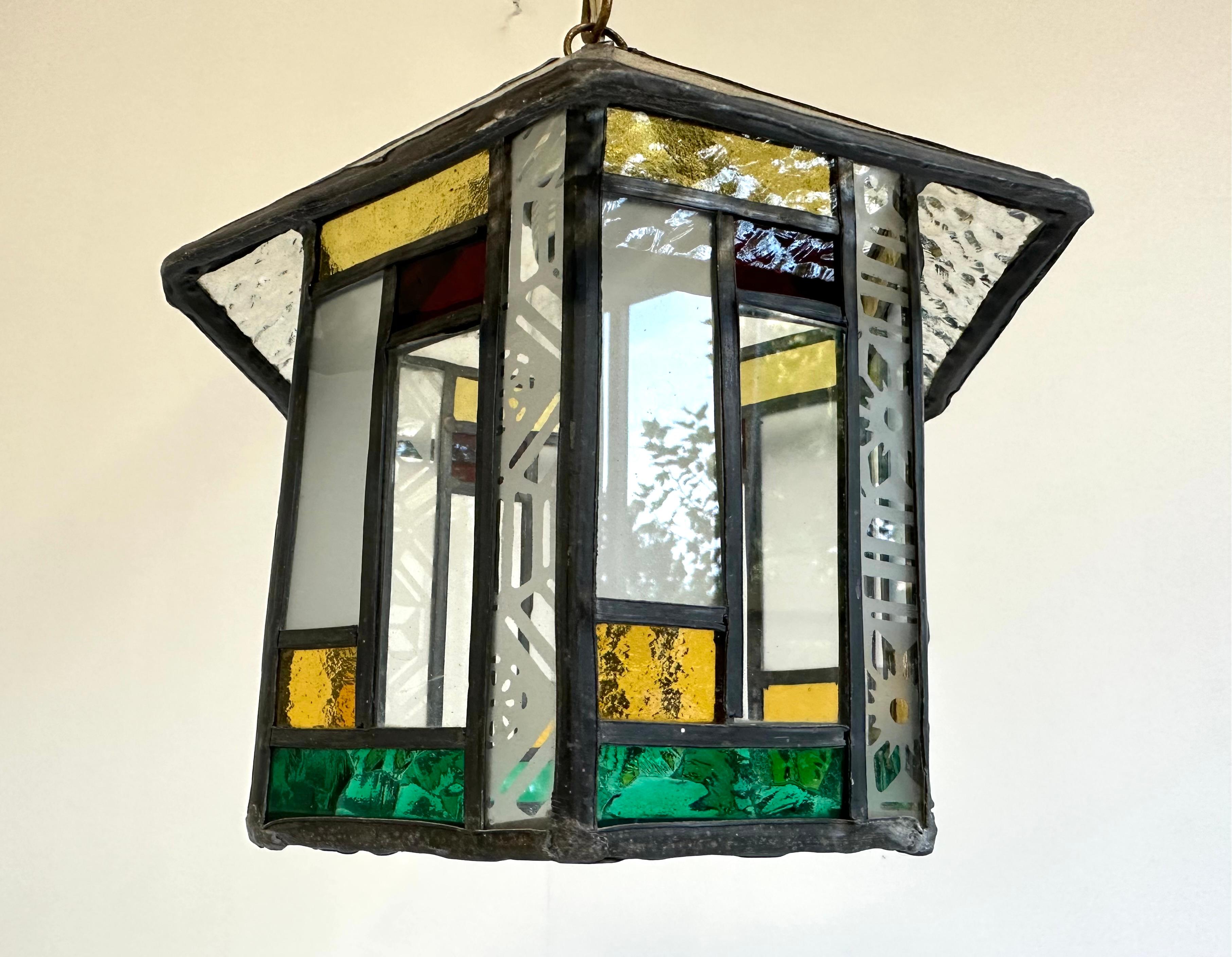 Dutch art deco hexagonal hallway lantern pendant light stained glass 1920  In Good Condition In Ijzendijke, NL