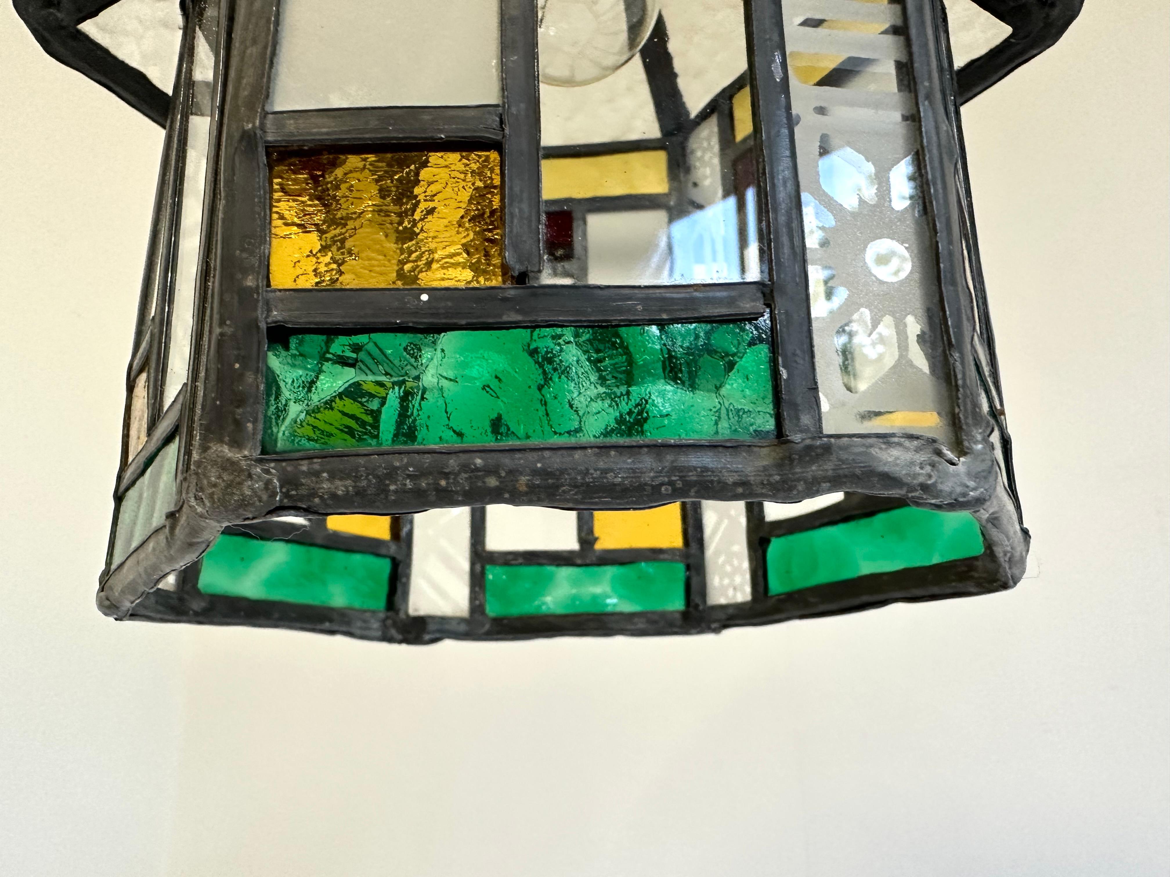 Early 20th Century Dutch art deco hexagonal hallway lantern pendant light stained glass 1920 