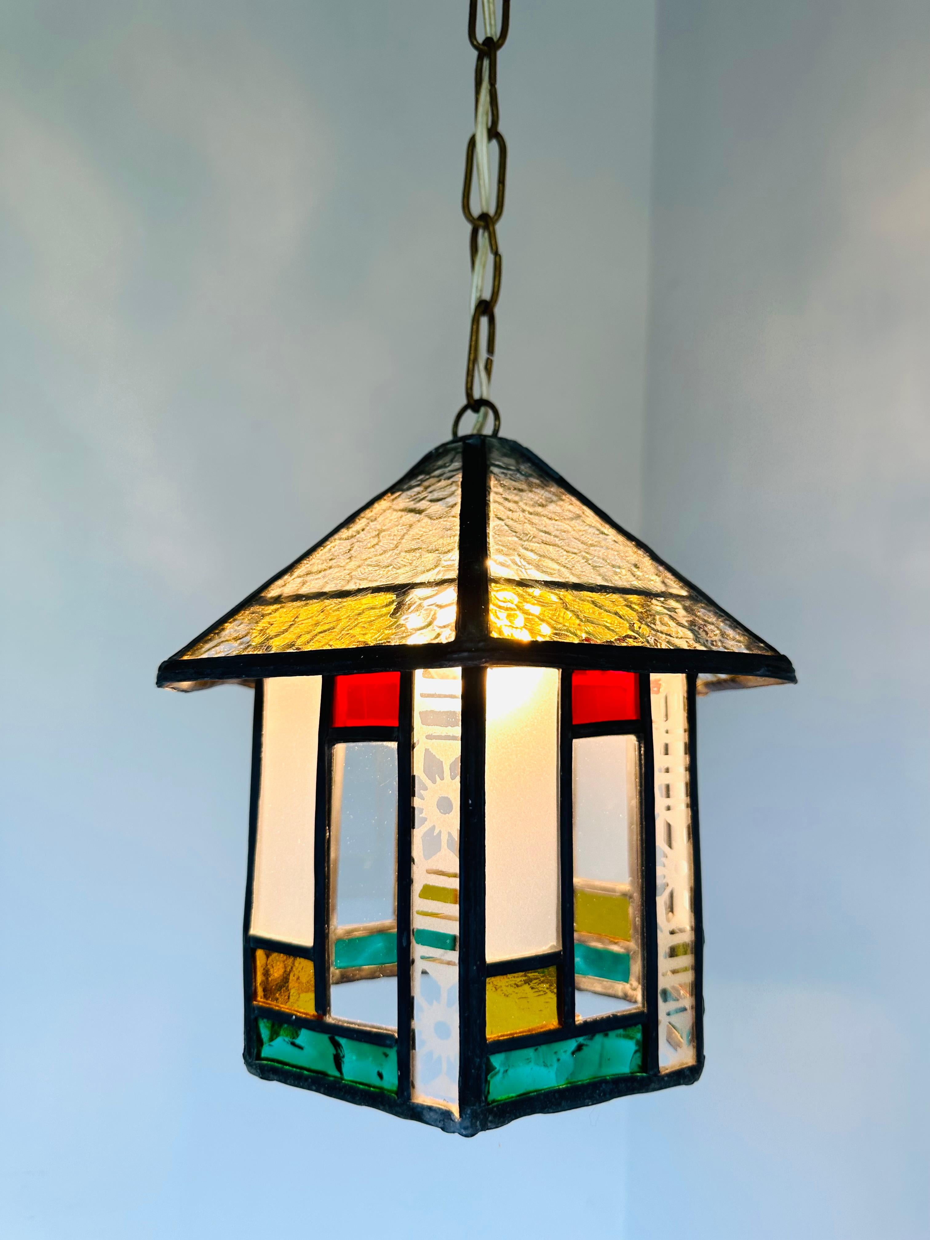 Stained Glass Dutch art deco hexagonal hallway lantern pendant light stained glass 1920 