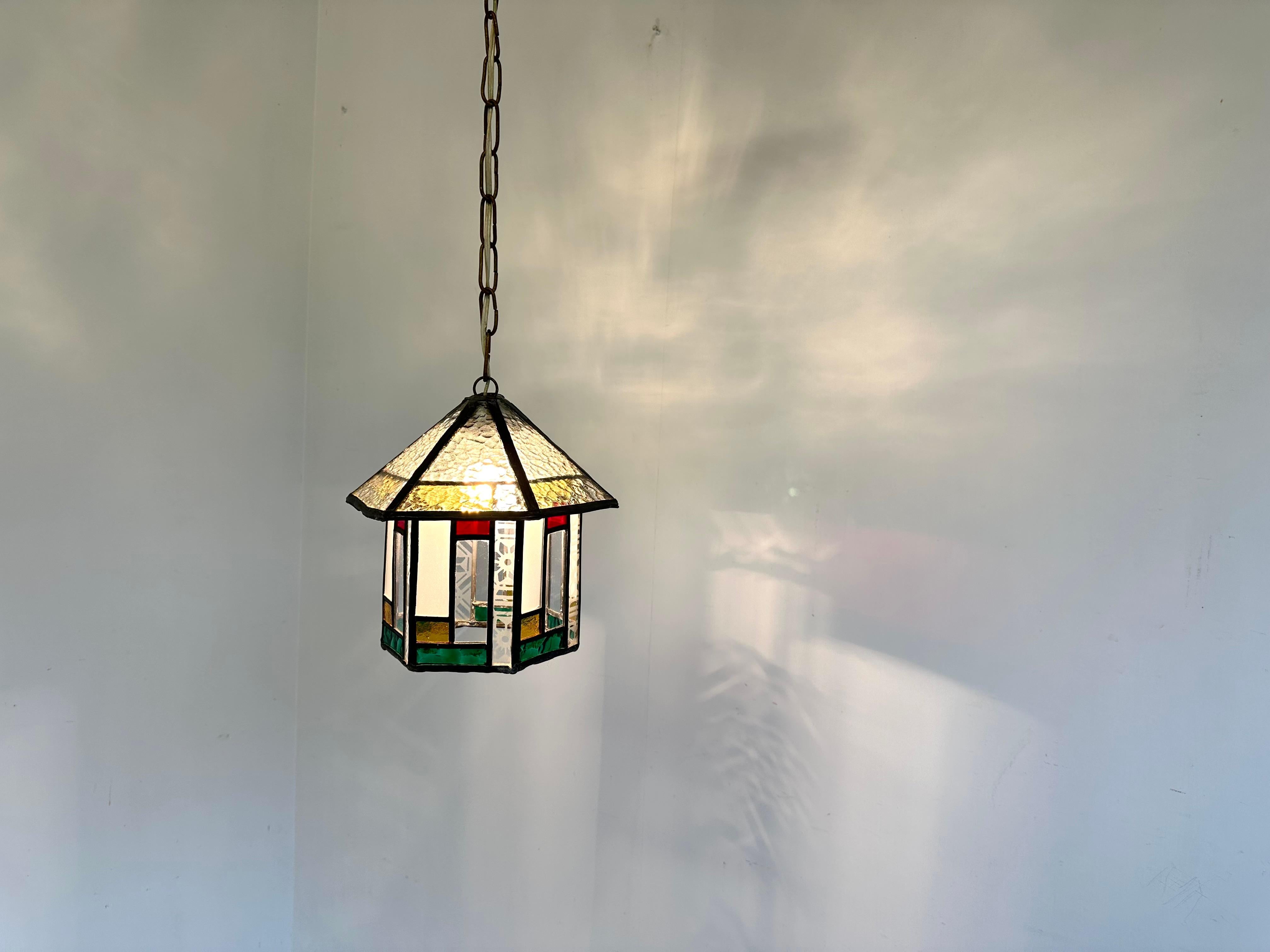 Dutch art deco hexagonal hallway lantern pendant light stained glass 1920  1