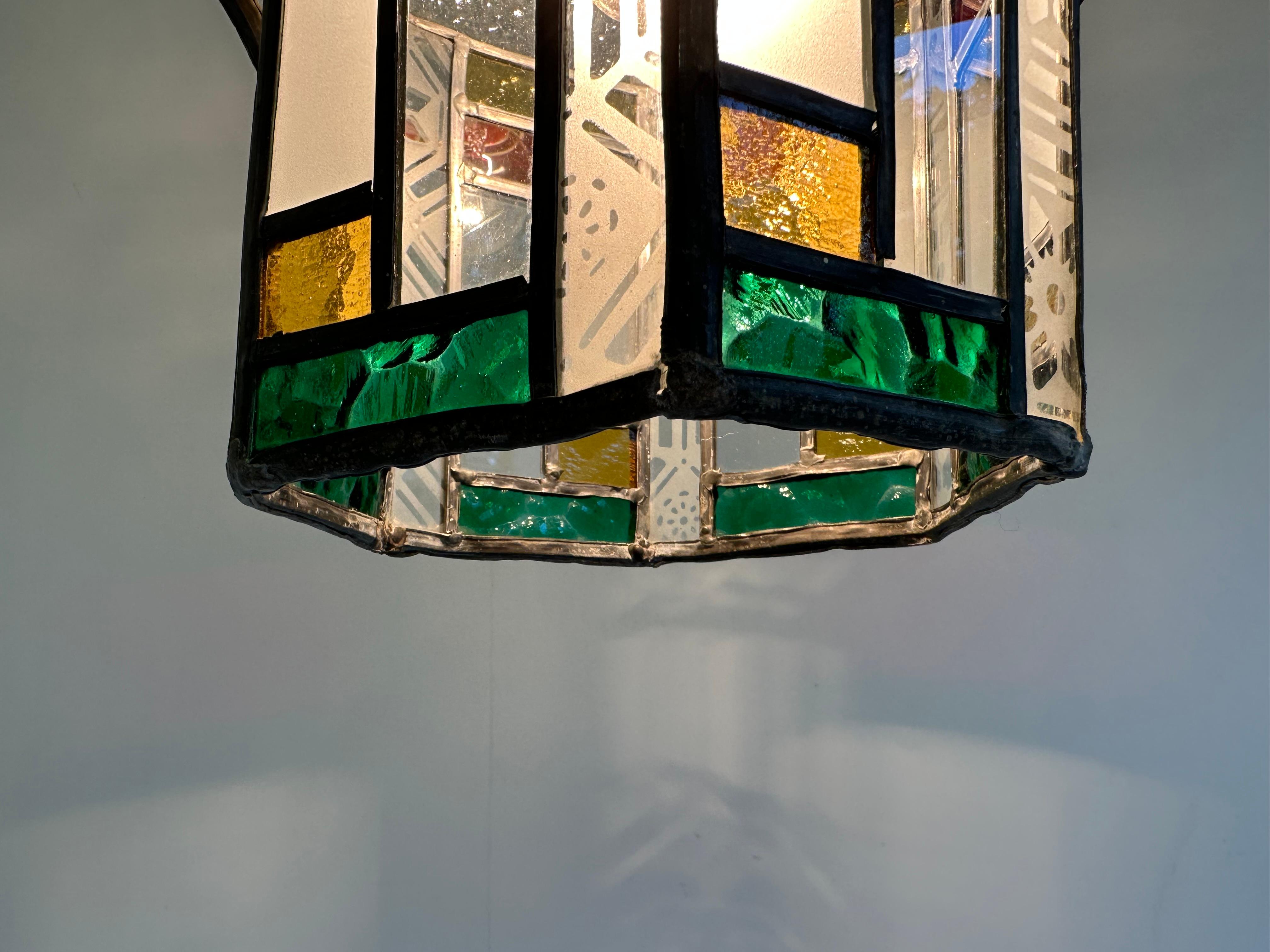 Dutch art deco hexagonal hallway lantern pendant light stained glass 1920  2