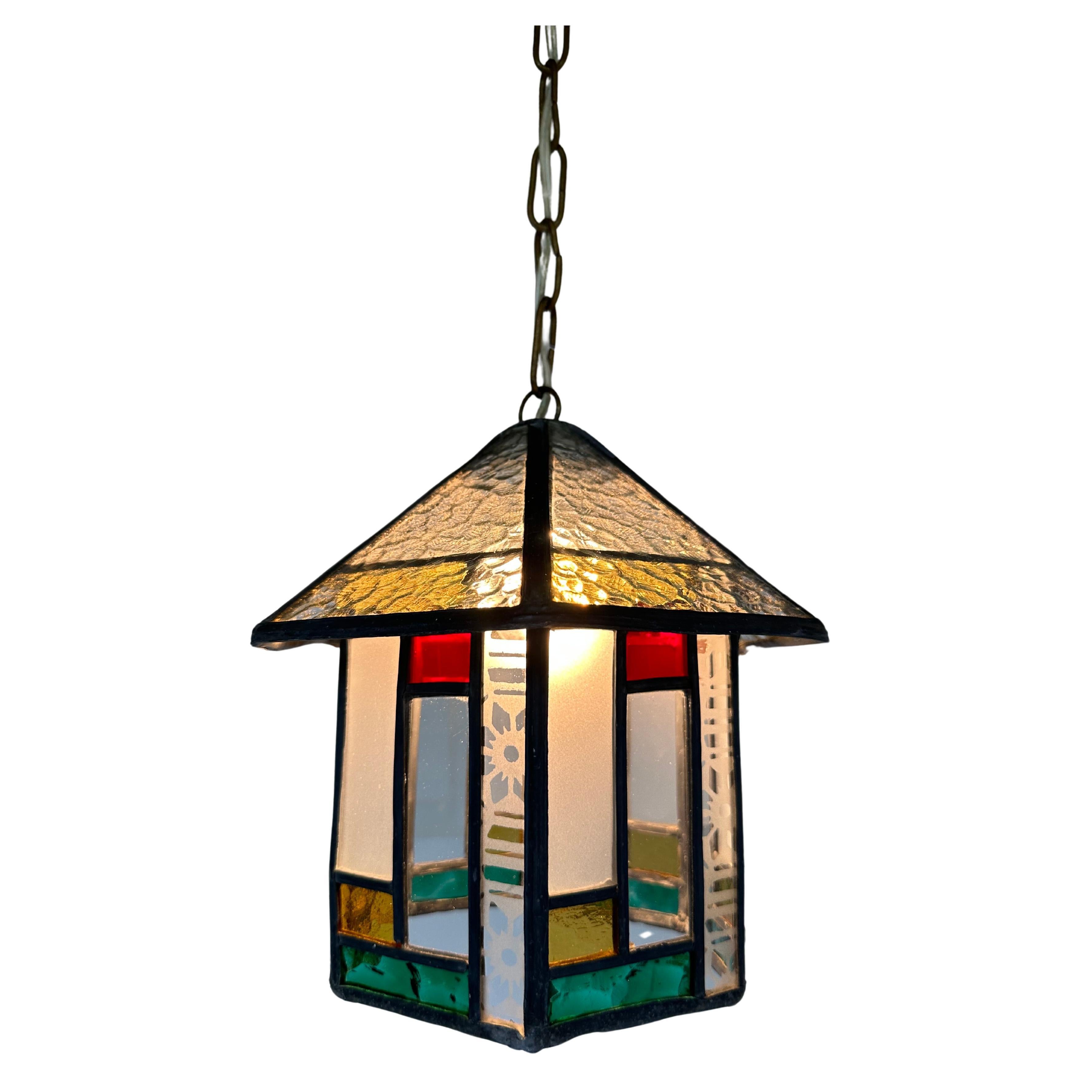 Dutch art deco hexagonal hallway lantern pendant light stained glass 1920 