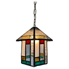 Antique Dutch art deco hexagonal hallway lantern pendant light stained glass 1920 