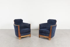 Dutch Art Deco Lounge Chairs in Navy Blue with Wood Trim, Pair