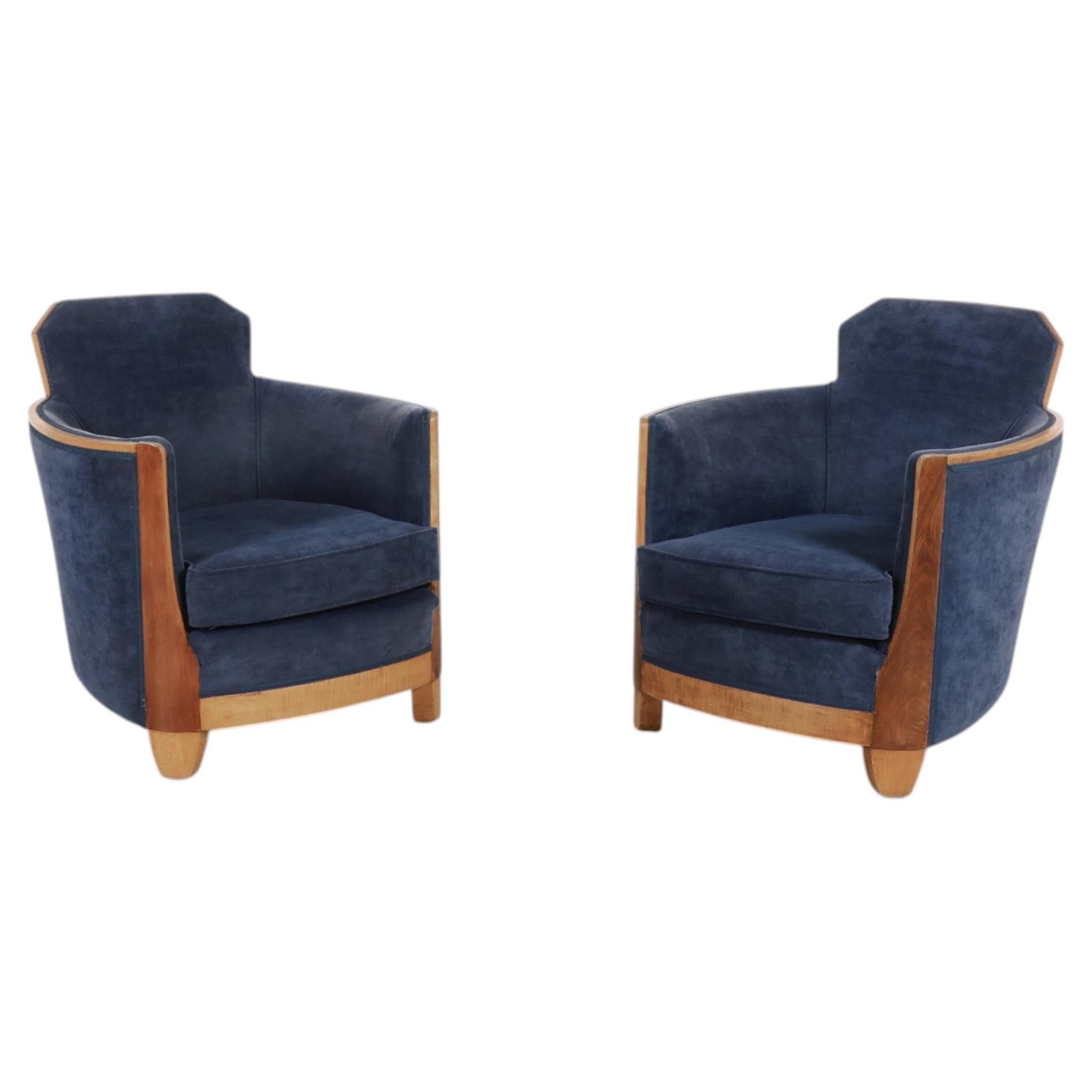 Dutch Art Deco Lounge Chairs in Navy Blue with Wood Trim, Pair
