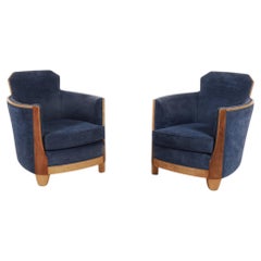 Dutch Art Deco Lounge Chairs in Navy Blue with Wood Trim, Pair