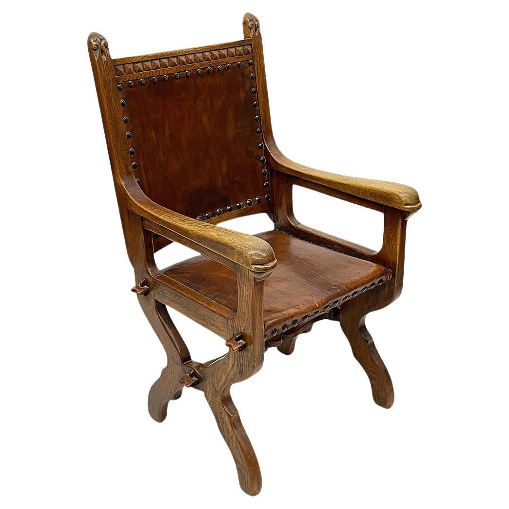 Dutch Art Deco oak and leather armchair, 1920s For Sale