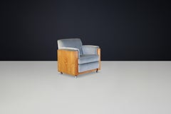 Dutch Art Deco Oak Armchair with Inlaid Motif and Original Grey Velvet, 1930s