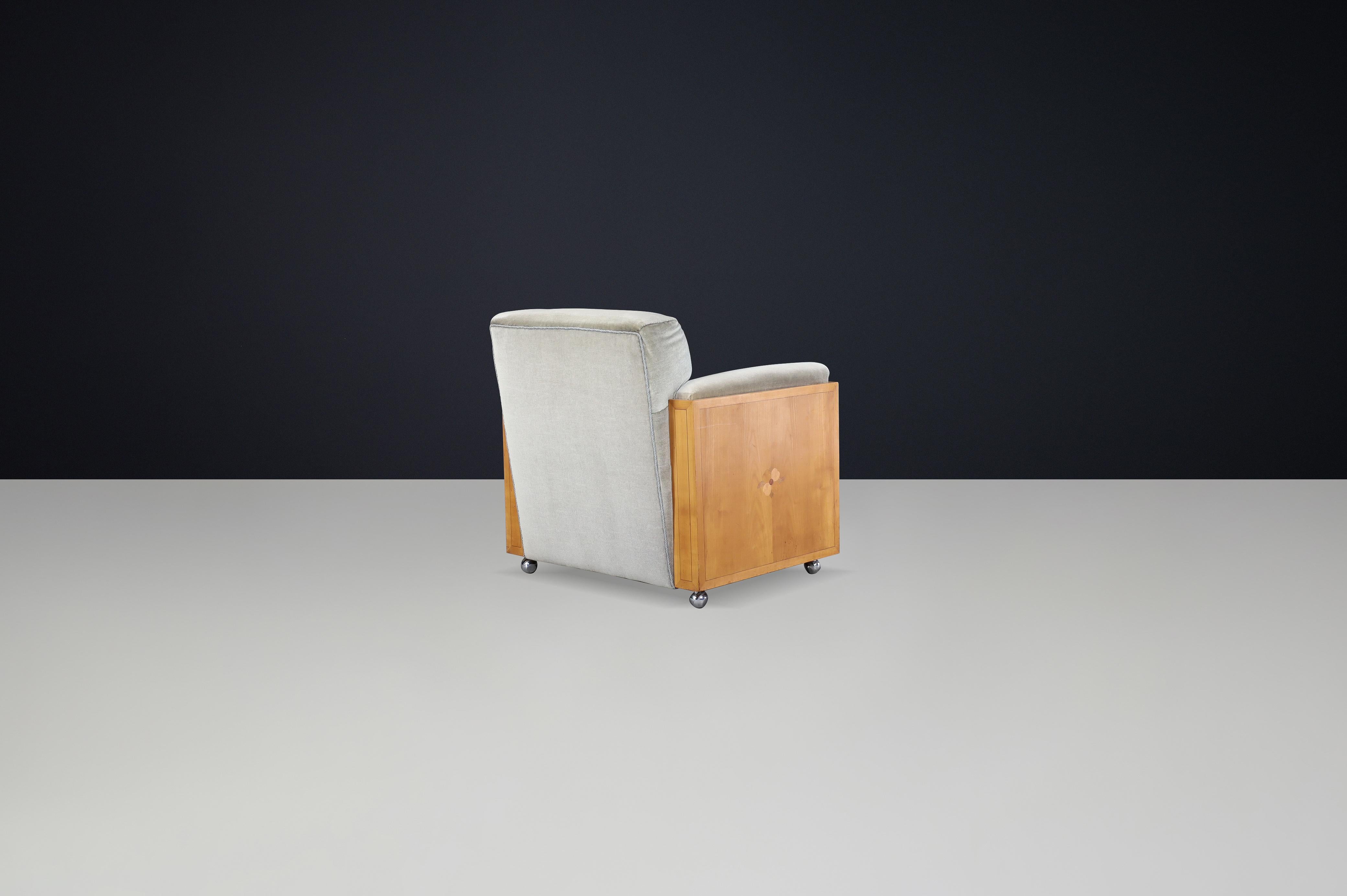 Metal Dutch Art Deco Oak Armchair with Inlaid Motif and Original Grey Velvet, 1930s For Sale