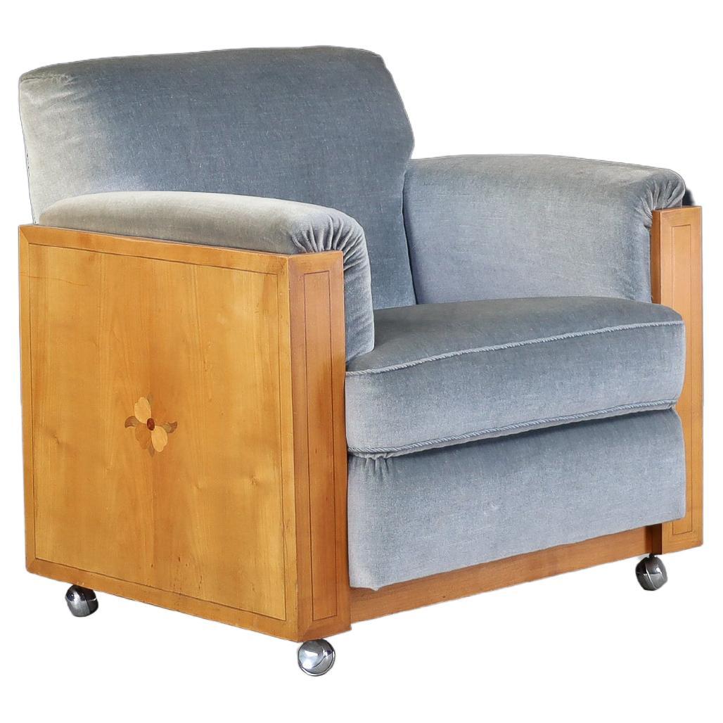 Dutch Art Deco Oak Armchair with Inlaid Motif and Original Grey Velvet, 1930s For Sale