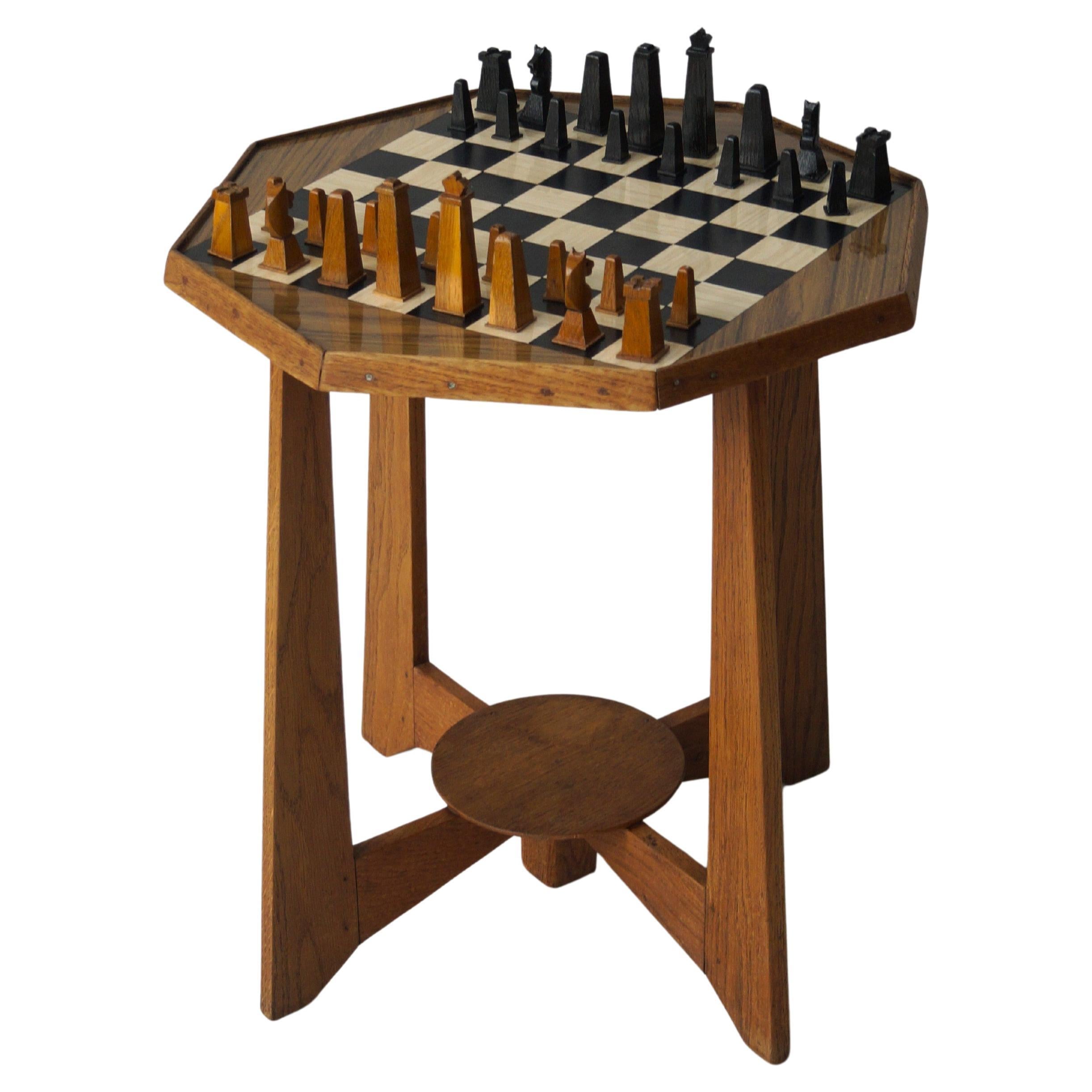 Dutch Art Deco octagonal chess table and chess set, ca. 1950s