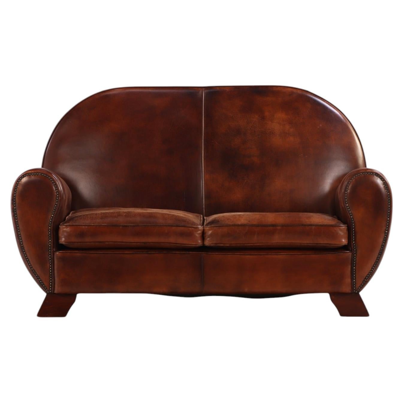 Dutch Art Deco Style Leather Loveseat, 1930s Modernist Form
