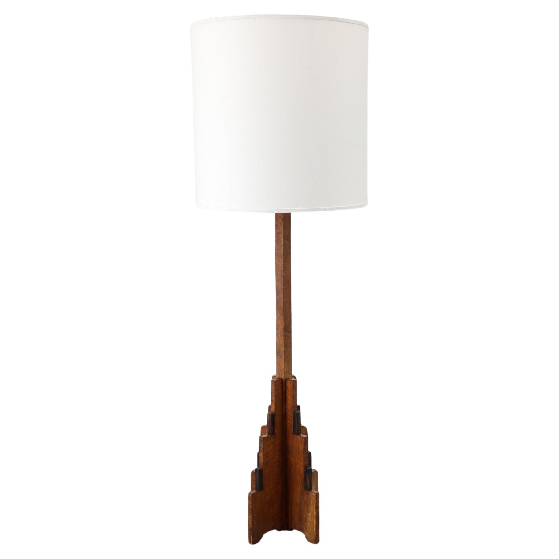 Dutch Art Deco "The Hague School" Teak Floor Lamp with Geometric Base For Sale