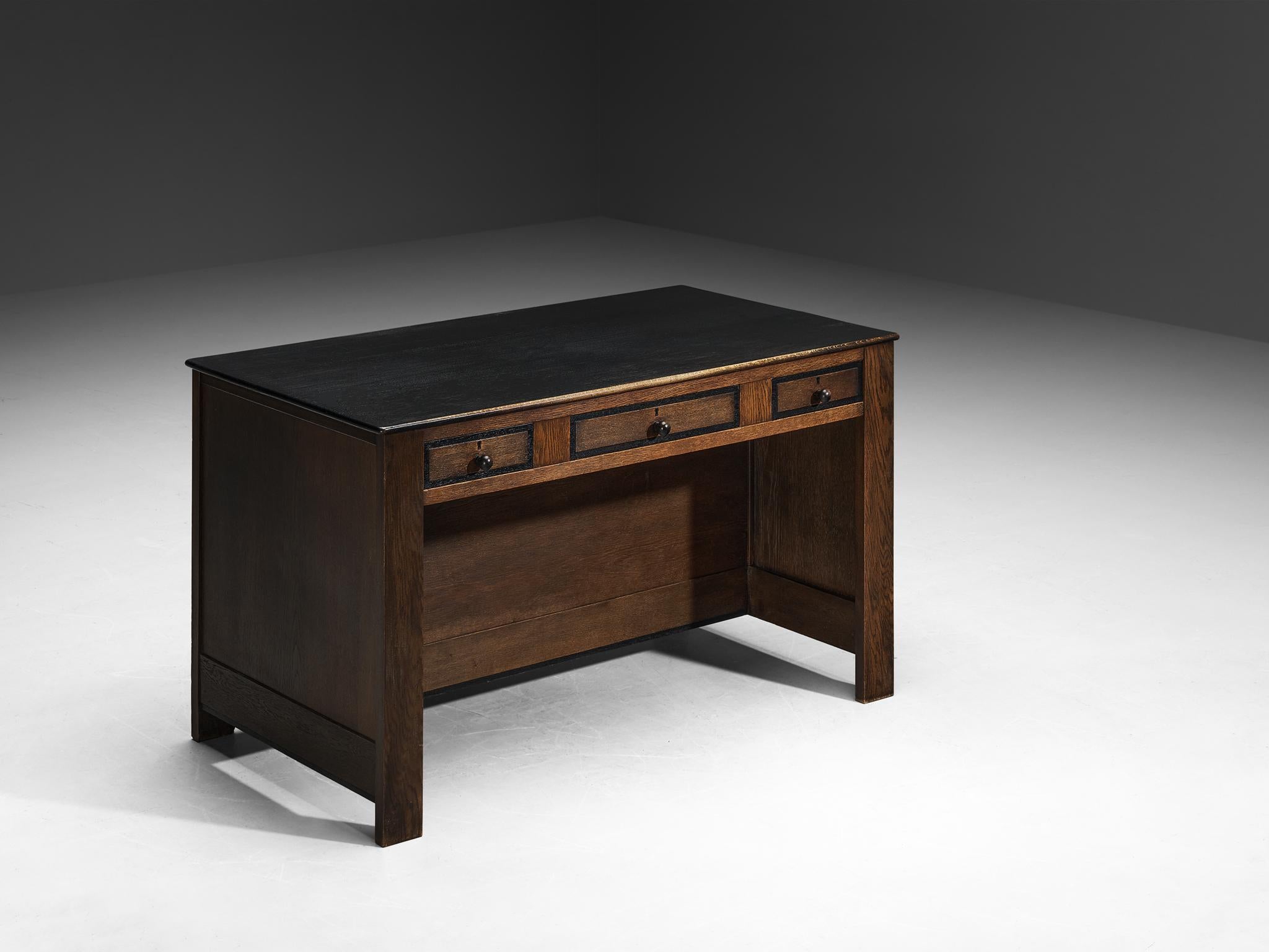 LOV Oosterbeek desk, oak, wood, The Netherlands, 1920s

This impeccably designed desk is characterized by a sleek rectangular silhouette, accentuated by bold vertical and horizontal lines. Crafted from solid oak, it showcases a captivating pattern