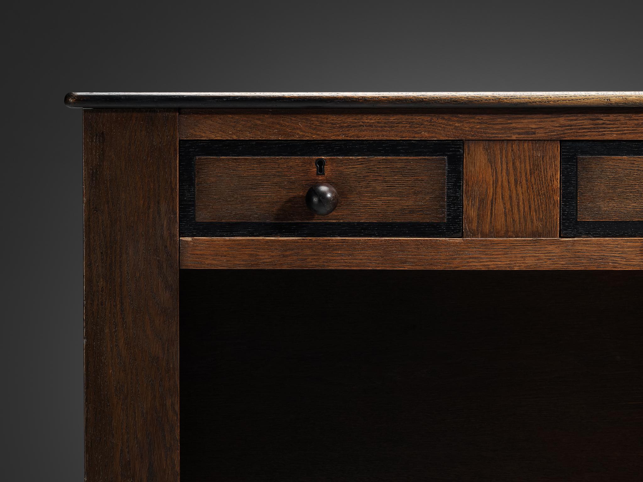 Brass Dutch Art Deco Writing Desk in Oak  For Sale