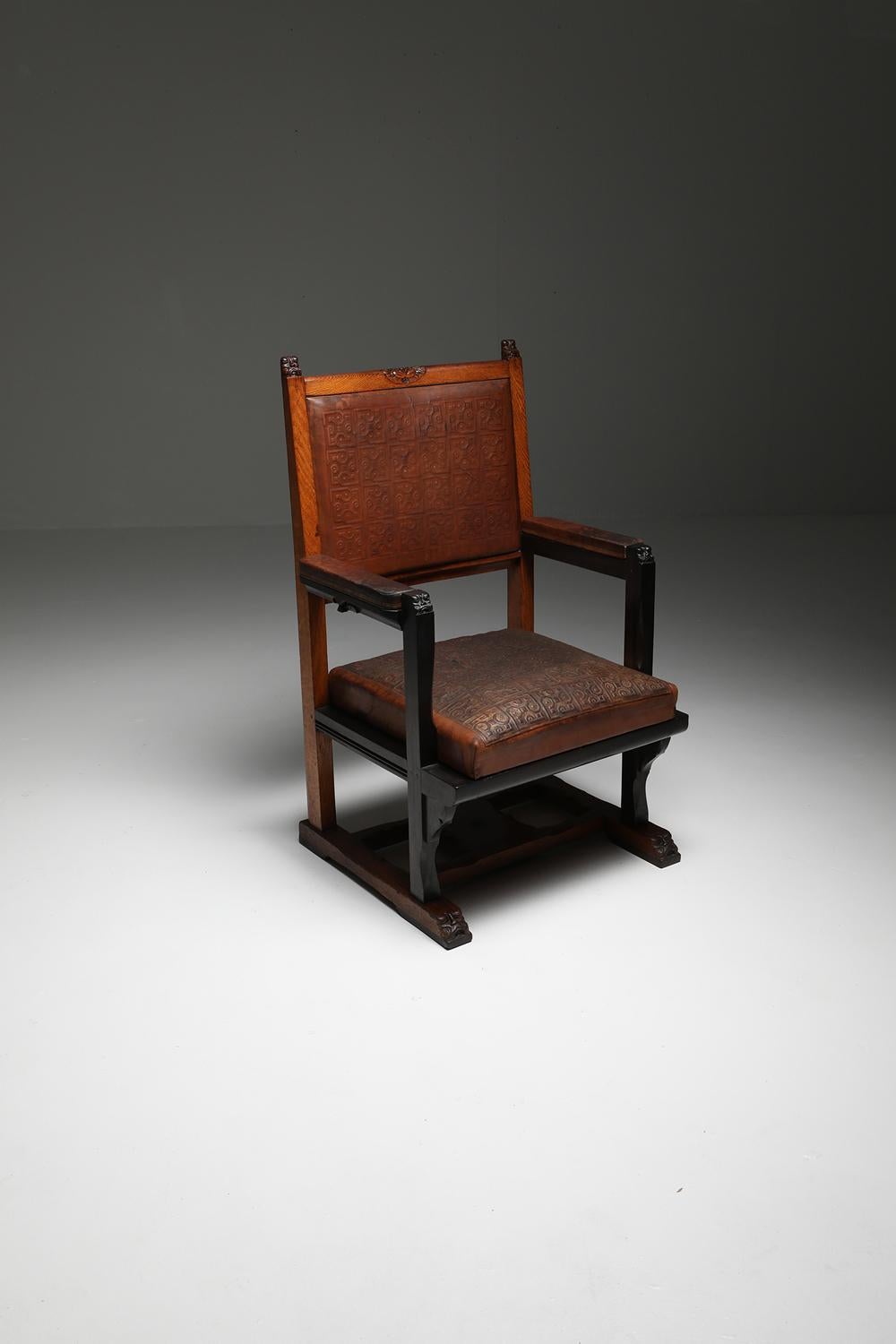 Exquisite museum-quality Lion Cachet armchair, an opulent masterpiece meticulously crafted from the finest oak, macassar ebony, and rosewood, adorned with stunning wood-carved details that elevate it to a league of its own. This regal piece pays