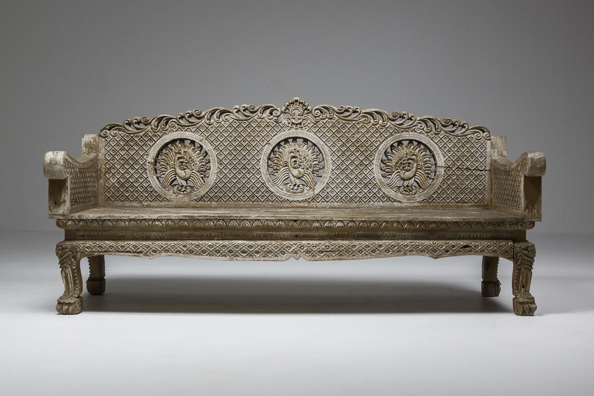 Art Nouveau Hand Carved Wooden Bench, France, 1890s For Sale