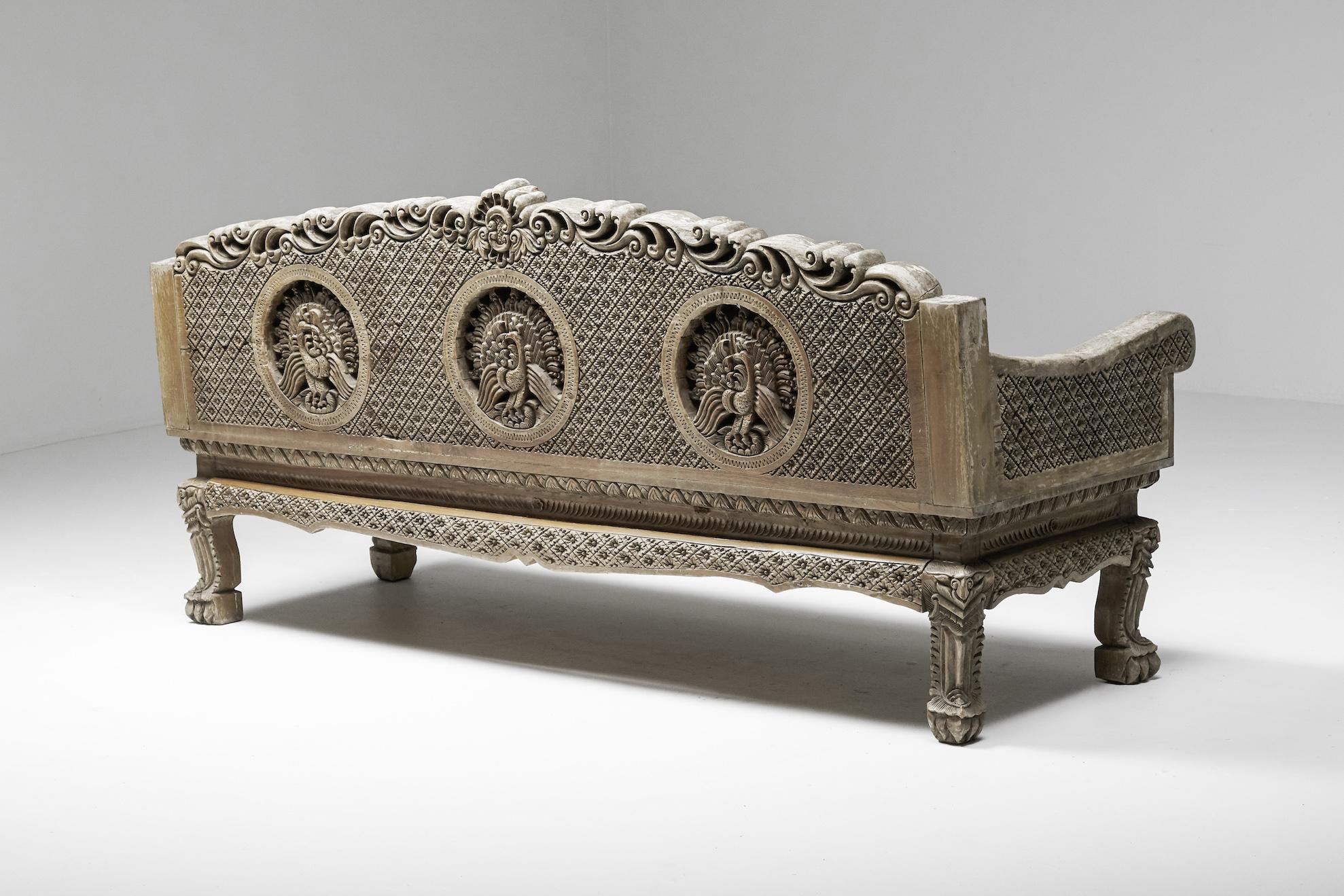 French Hand Carved Wooden Bench, France, 1890s For Sale