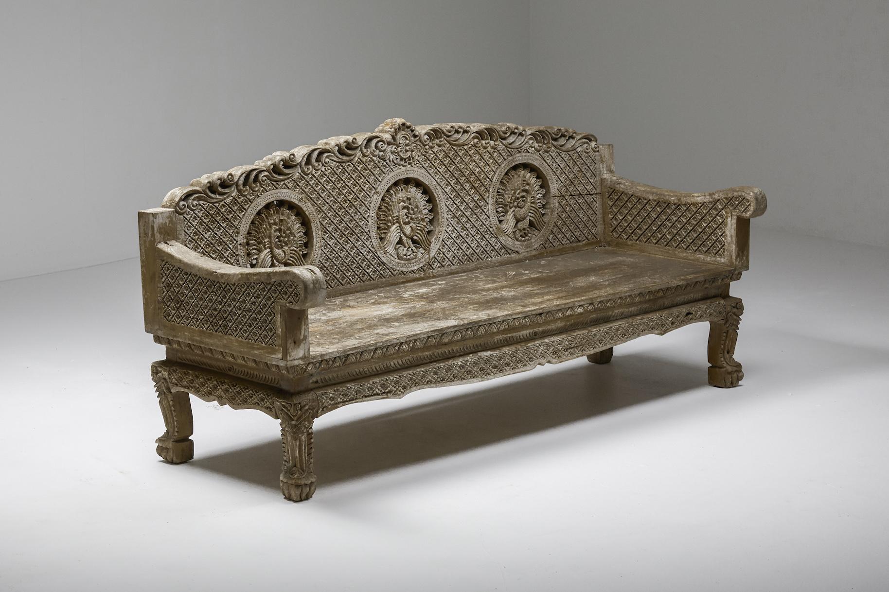 Late 19th Century Hand Carved Wooden Bench, France, 1890s For Sale