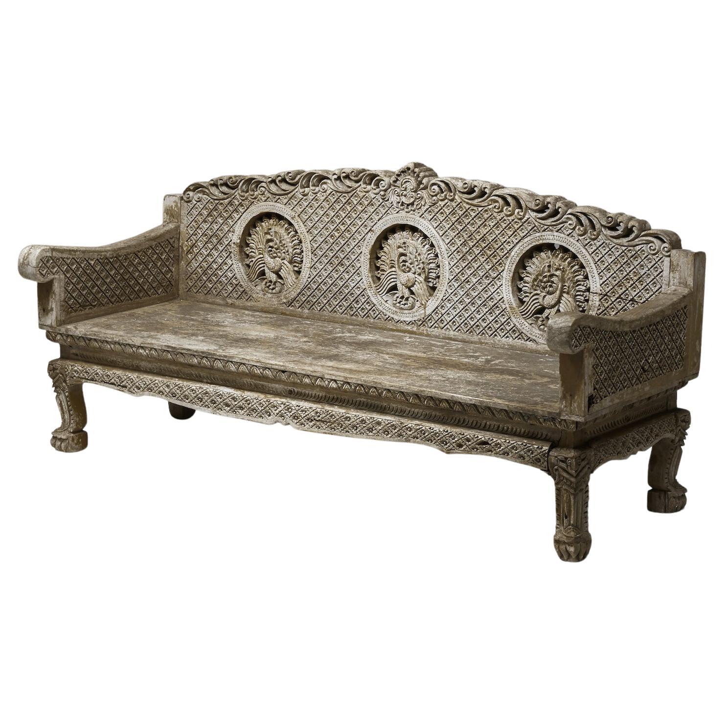 Hand Carved Wooden Bench, France, 1890s For Sale