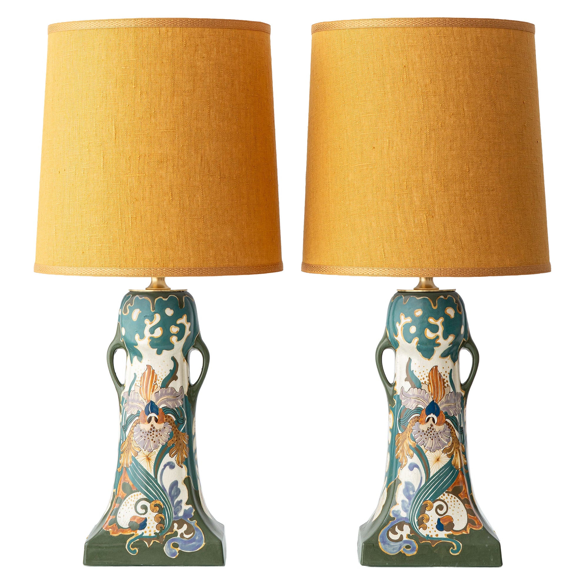 Dutch Art Nouveau Ceramic Table Lamp Pair, circa 1915, New Ochre Linen Shades