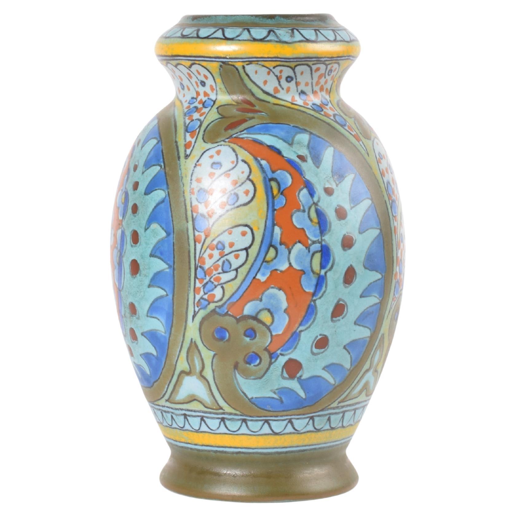 Vase hollandais The Artful Green Greene "Aletta", peint à la main en vert et bleu, début 1900 en vente