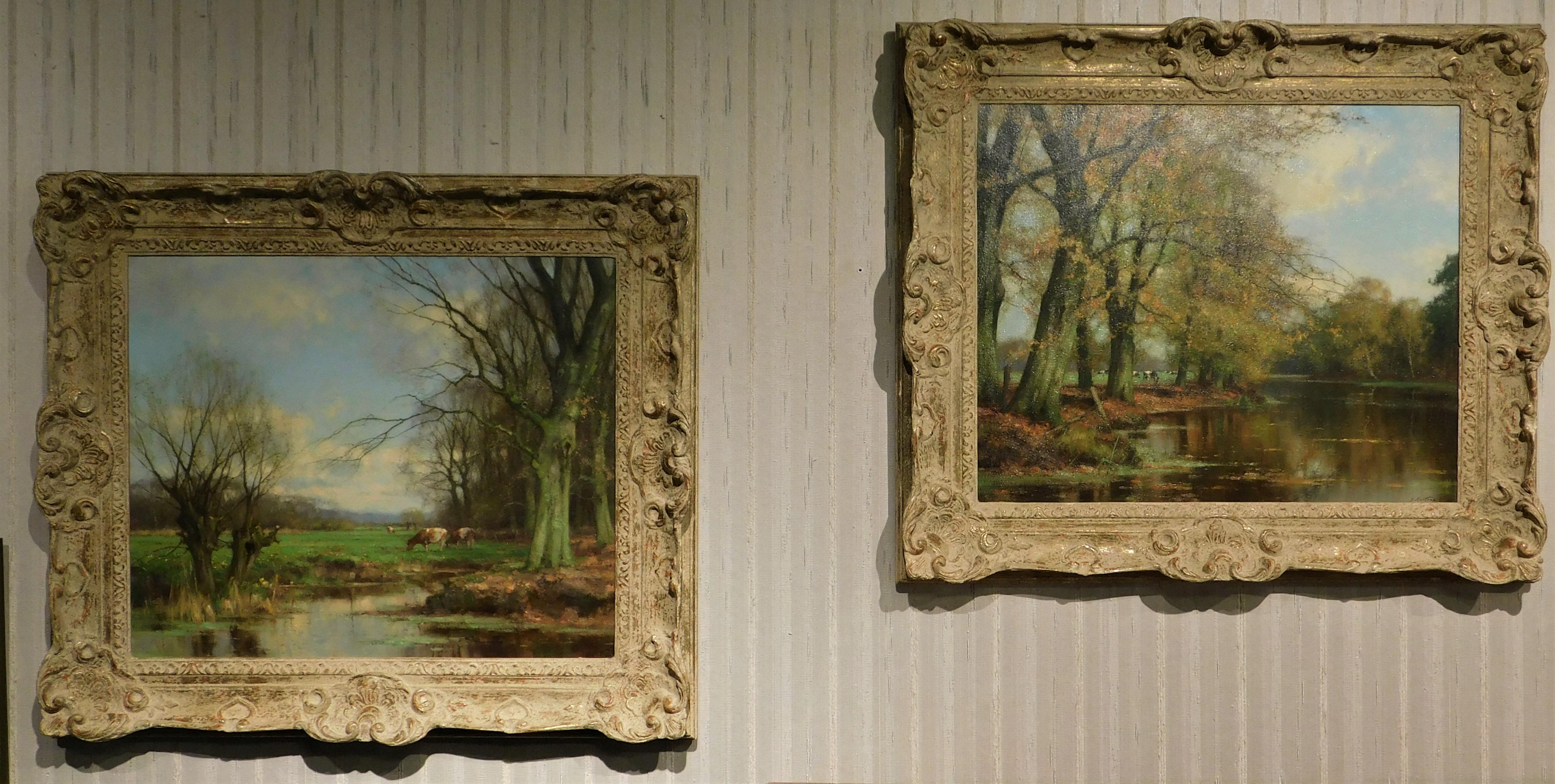 Paire de peintures à l'huile sur toile magnifiquement encadrées de Jan Holtrop (1917-1995), Pays-Bas. Les deux tableaux sont signés au recto et au verso par le J. Holtrop avec le titre de l'œuvre. 
