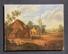 ANTIQUE DUTCH OIL PAINTING - MERRY VILLAGE LIFE FIGURES OUTSIDE ROADSIDE TAVERN