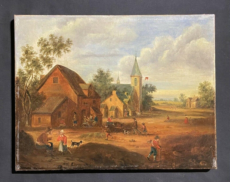 ANTIQUE DUTCH OIL PAINTING - MERRY VILLAGE LIFE FIGURES OUTSIDE ROADSIDE TAVERN - Painting by Dutch artist
