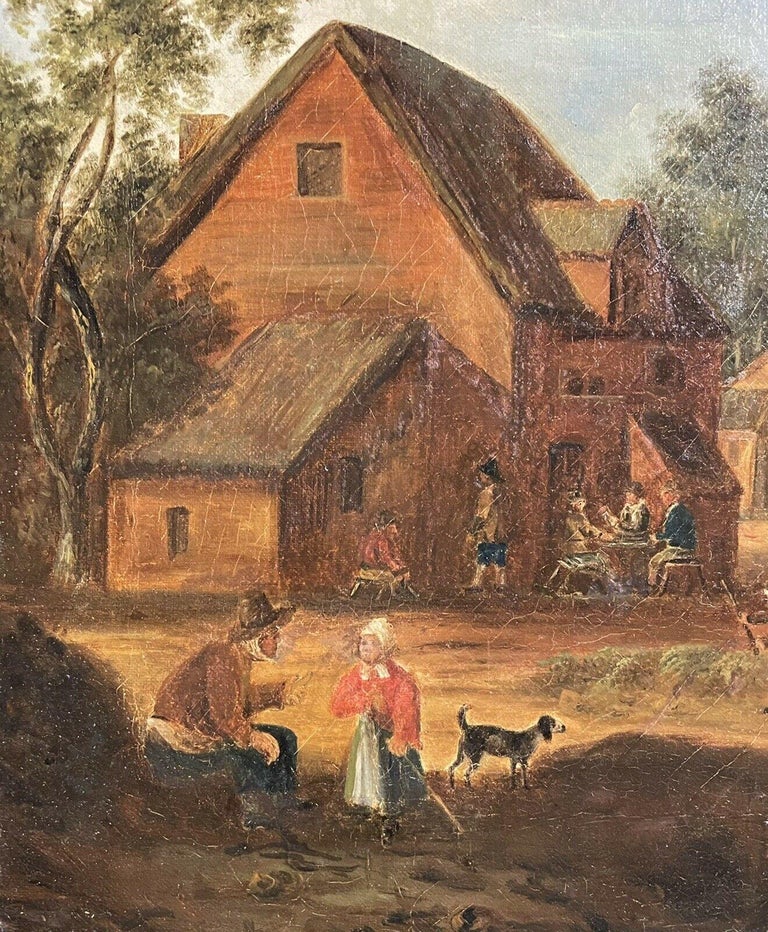 ANTIQUE DUTCH OIL PAINTING - MERRY VILLAGE LIFE FIGURES OUTSIDE ROADSIDE TAVERN - Old Masters Painting by Dutch artist