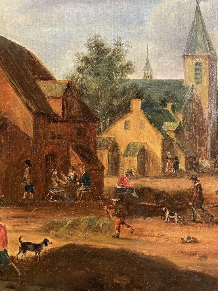 ANTIQUE DUTCH OIL PAINTING - MERRY VILLAGE LIFE FIGURES OUTSIDE ROADSIDE TAVERN - Brown Figurative Painting by Dutch artist