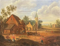 Used DUTCH OIL PAINTING - MERRY VILLAGE LIFE FIGURES OUTSIDE ROADSIDE TAVERN