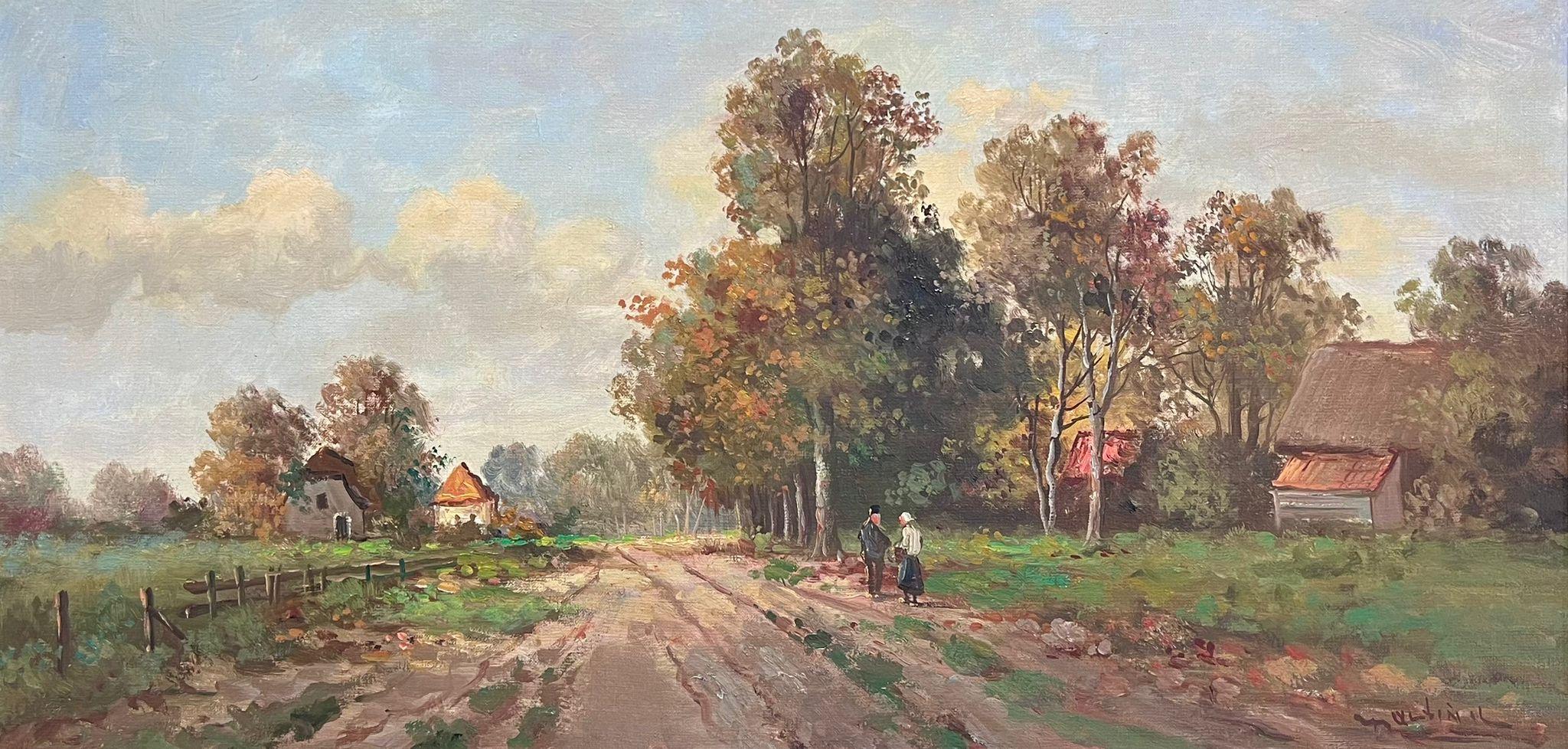 Encantador Camino de Pueblo con Figuras Pintura al Óleo Firmada en Marco Ornamentado - Painting de Dutch artist