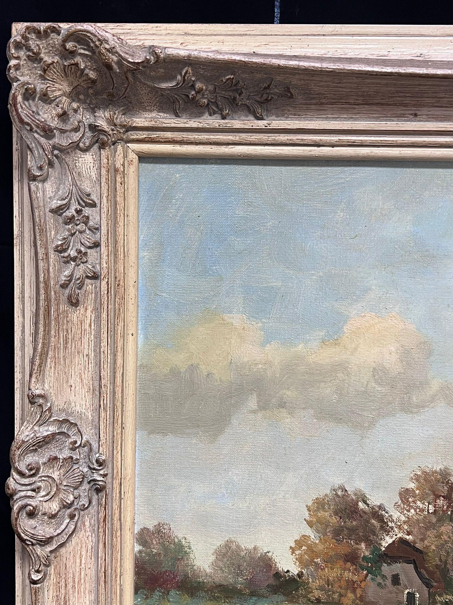 Encantador Camino de Pueblo con Figuras Pintura al Óleo Firmada en Marco Ornamentado 1