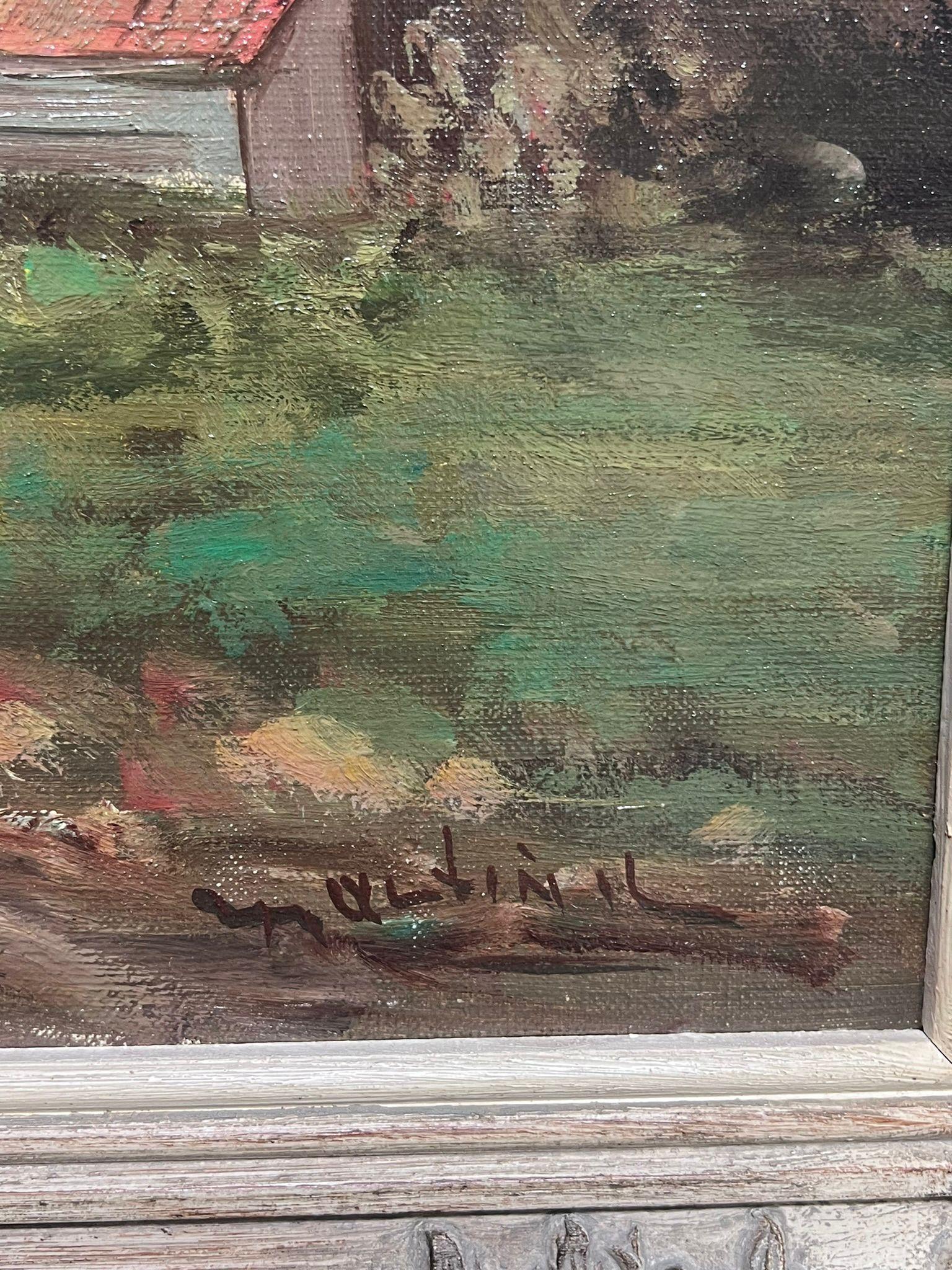 Encantador Camino de Pueblo con Figuras Pintura al Óleo Firmada en Marco Ornamentado 2
