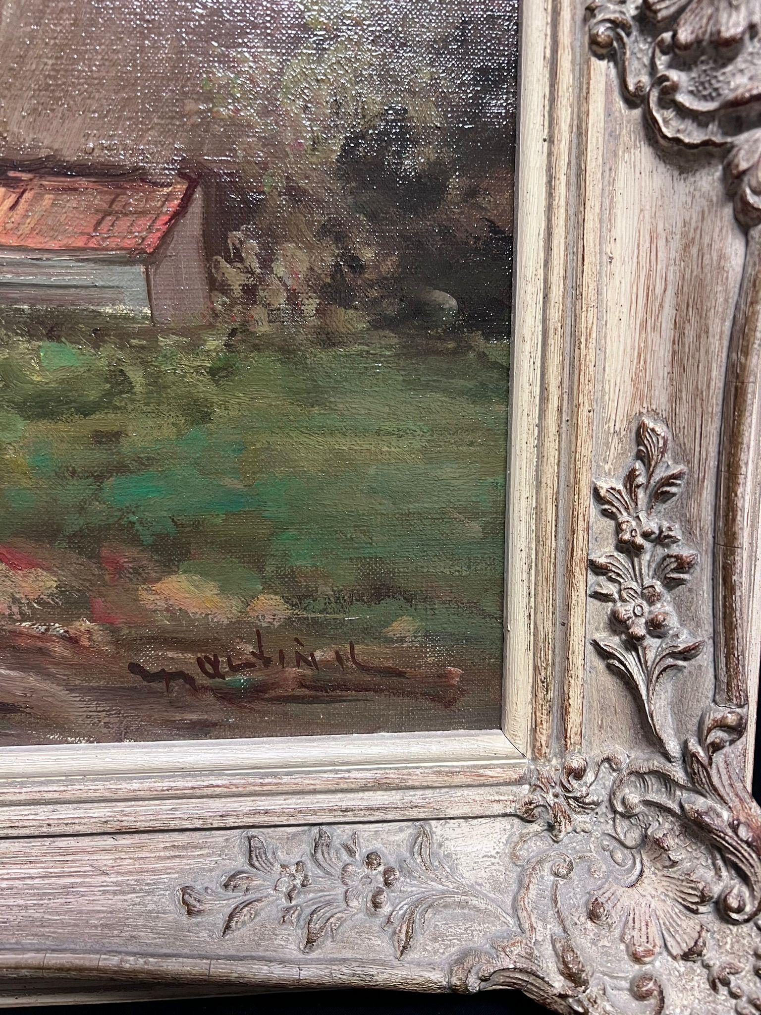 Encantador Camino de Pueblo con Figuras Pintura al Óleo Firmada en Marco Ornamentado 3
